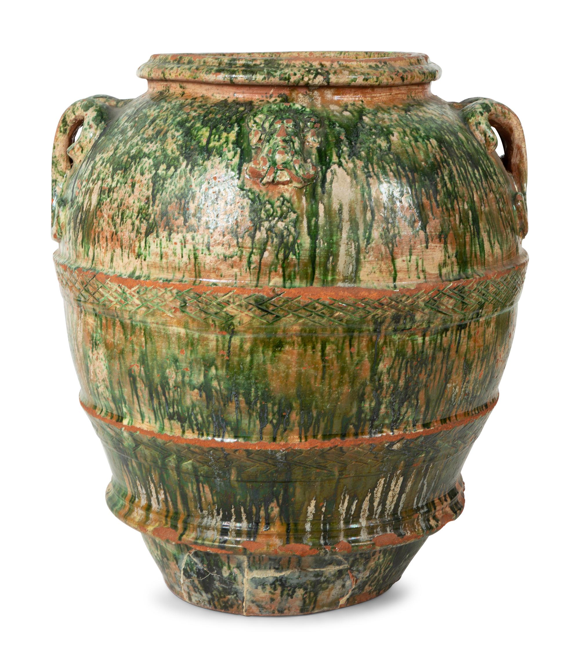 An Italian Green Glazed Terra Cotta Large Oil Jar