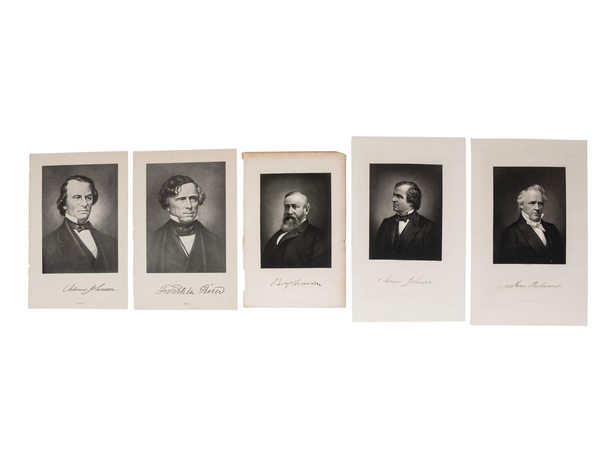 [PRESIDENTS]. Signed documents and ephemera featuring signatures of J.Q. ADAMS, FILLMORE, MCKINLEY, CLEVELAND, HARRISON, HARDING, and HAYES.