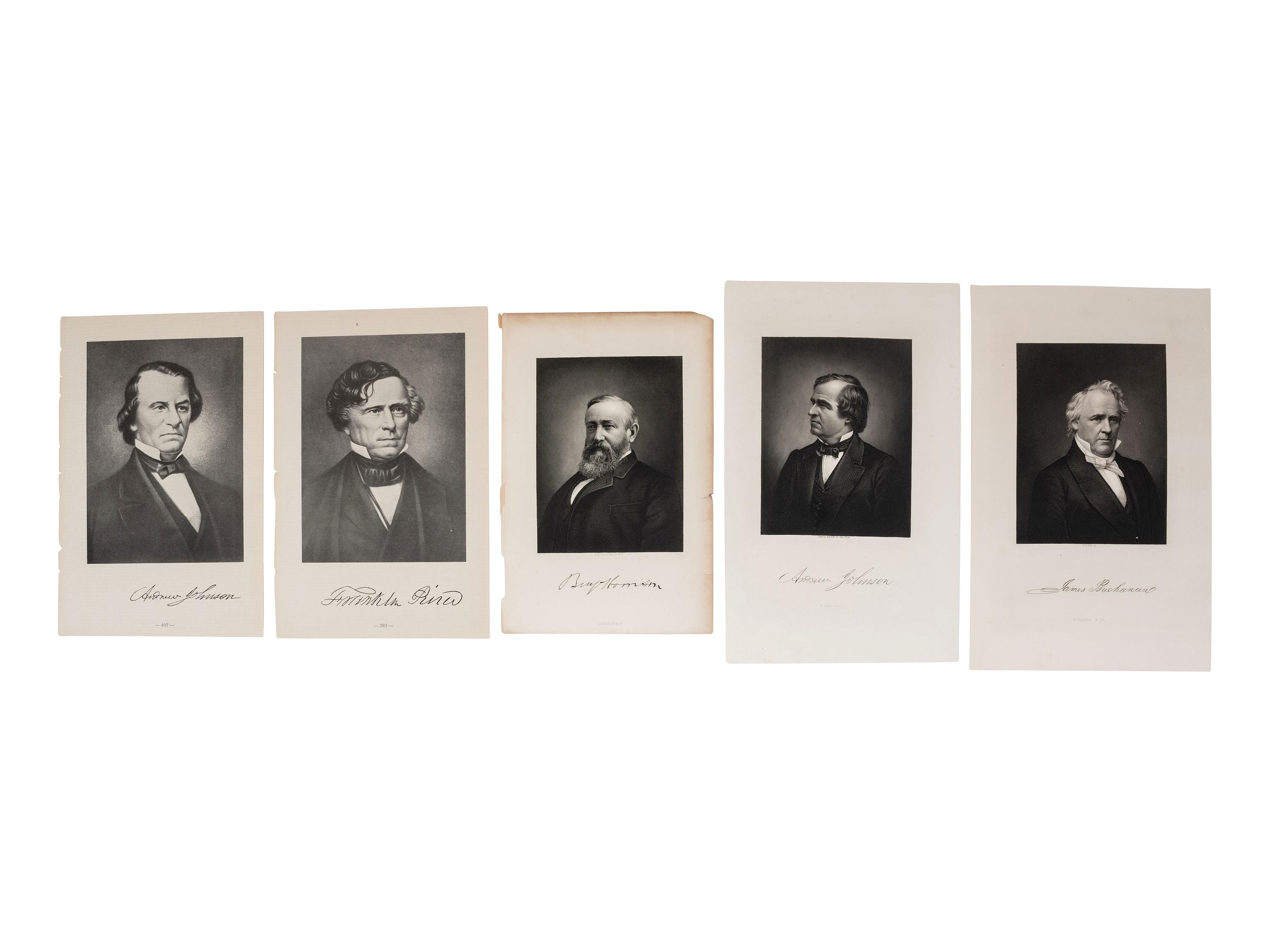 [PRESIDENTS]. Signed documents and ephemera featuring signatures of J.Q. ADAMS, FILLMORE, MCKINLEY, CLEVELAND, HARRISON, HARDING, and HAYES.