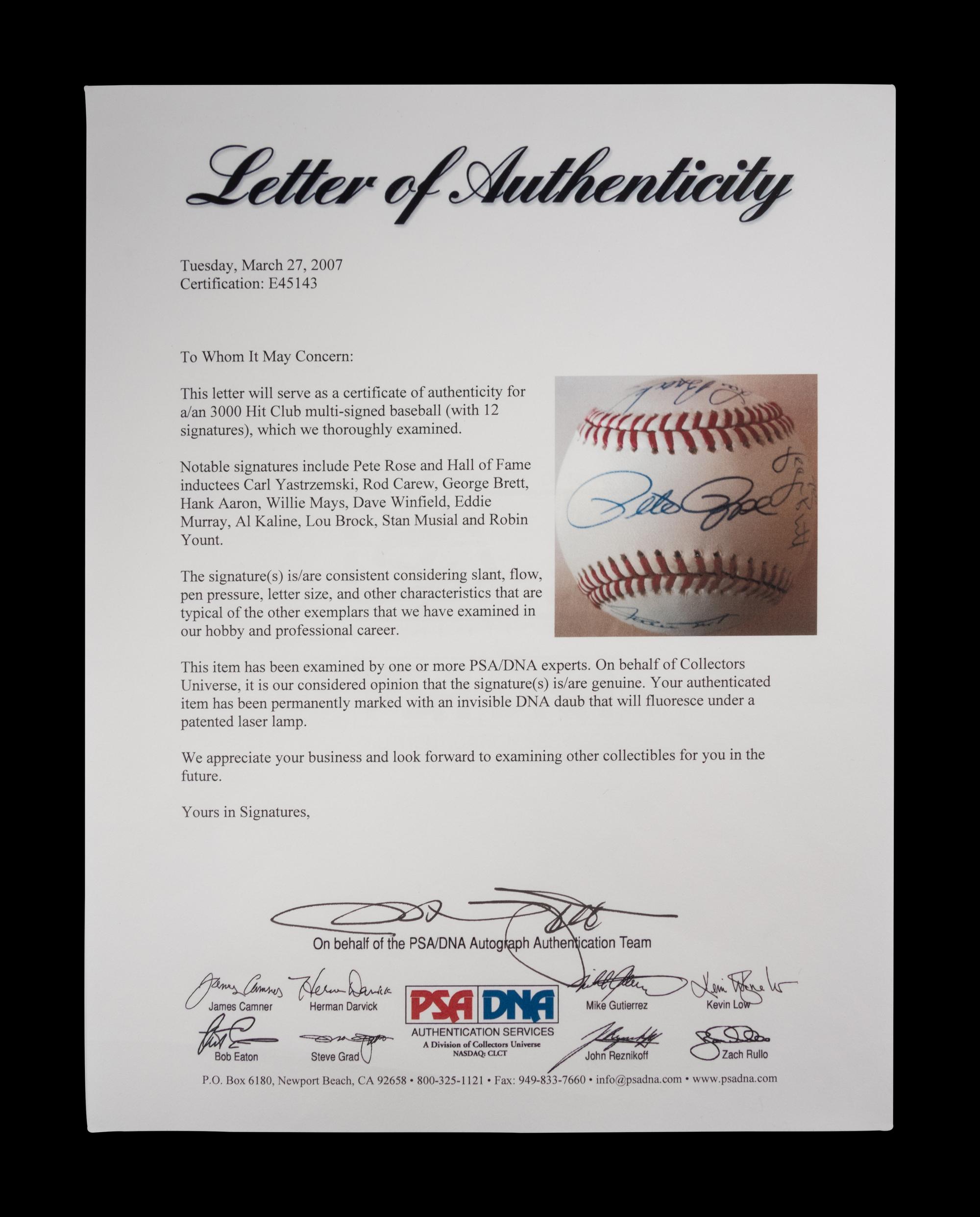 A 3,000 Hit Club Signed Baseball Featuring 12 Autographs (PSA)