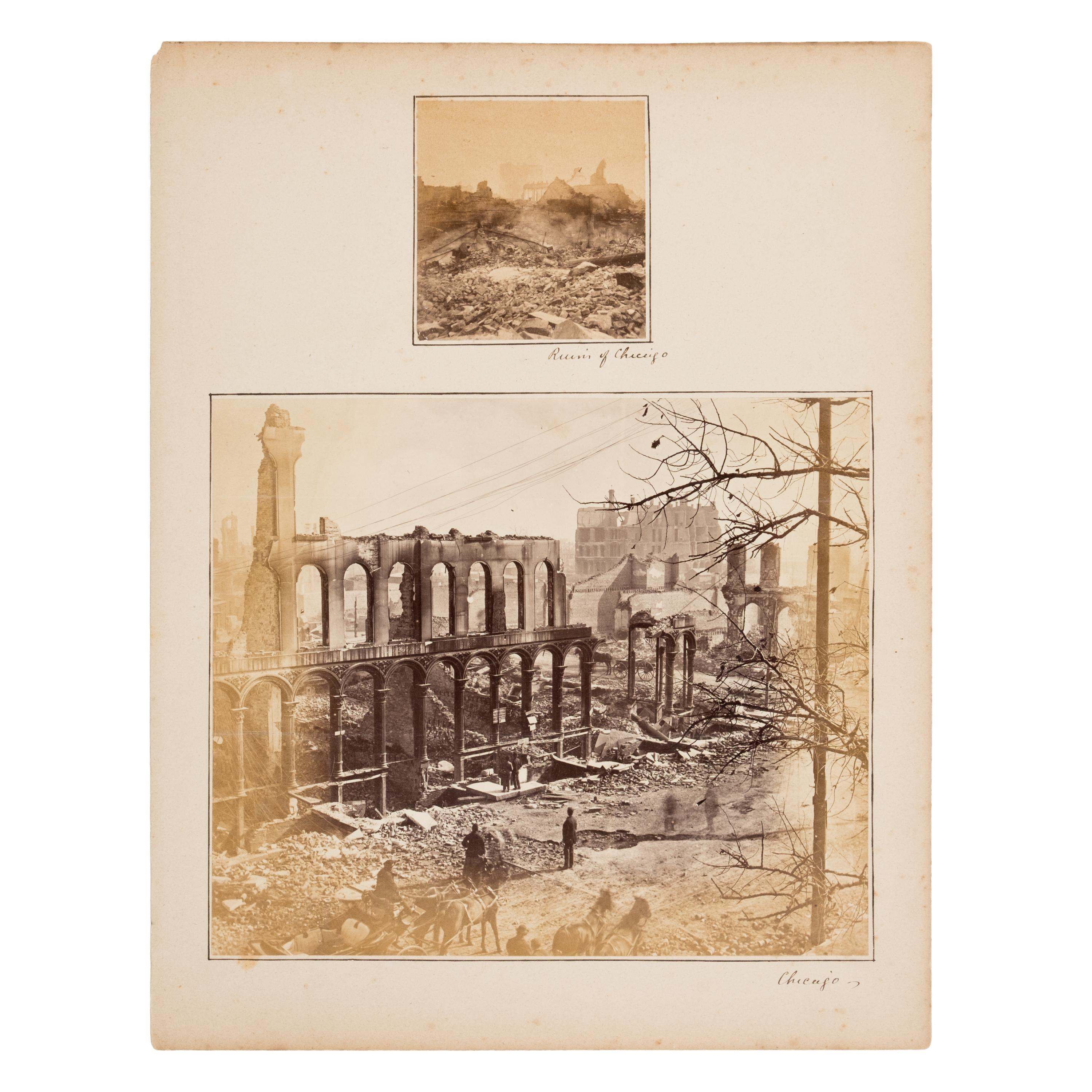 [Chicago Fire]. A collection of approx. 80 CDVs, cabinet cards, albumen prints, and glass slides taken after the Chicago Fire of 1871.