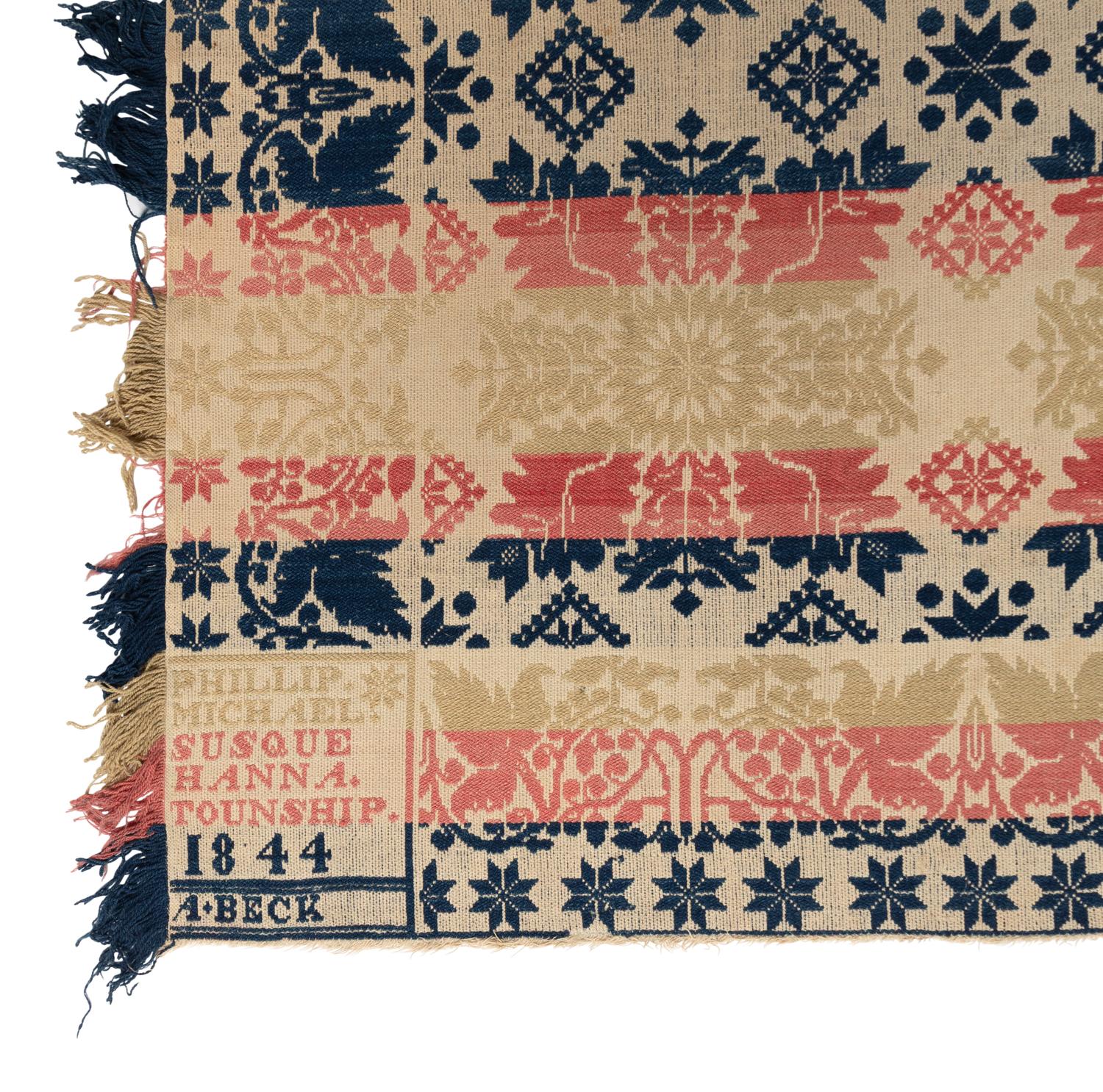 Two Jacquard Woven Cotton and Wool Coverlets