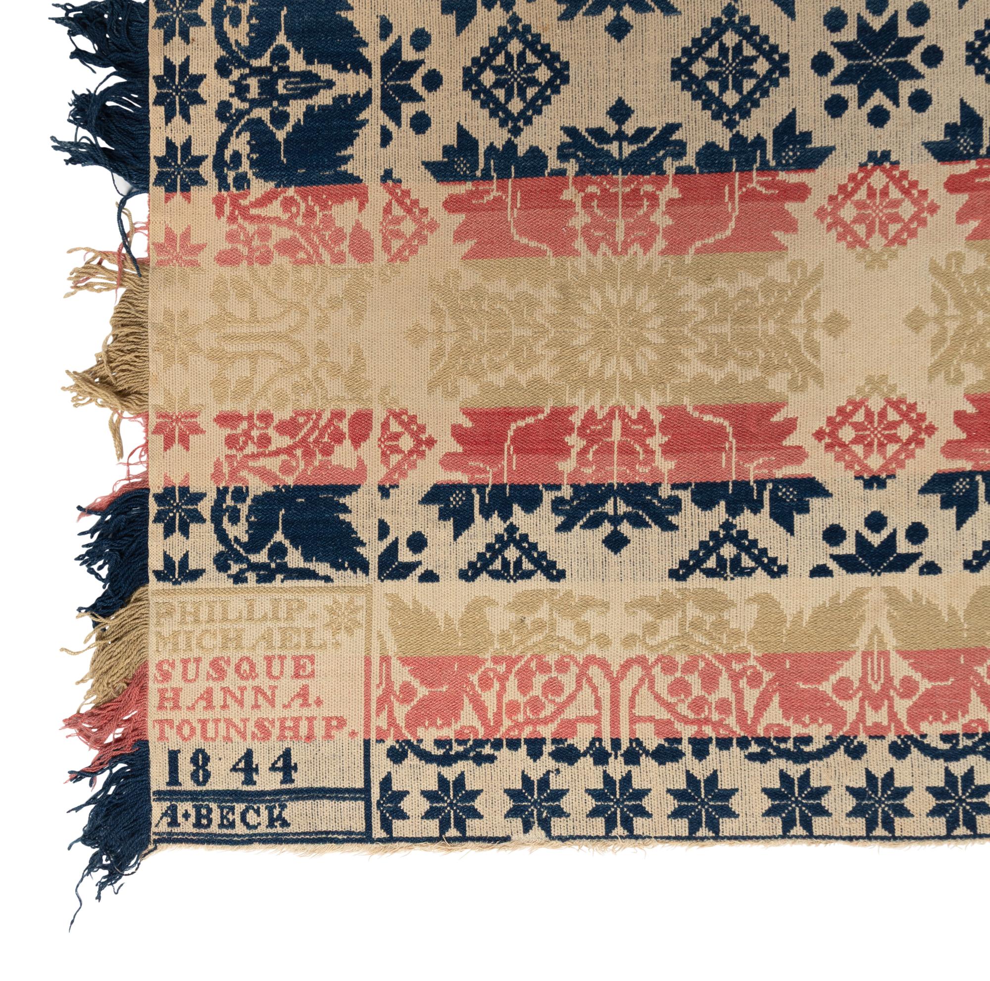 Two Jacquard Woven Cotton and Wool Coverlets