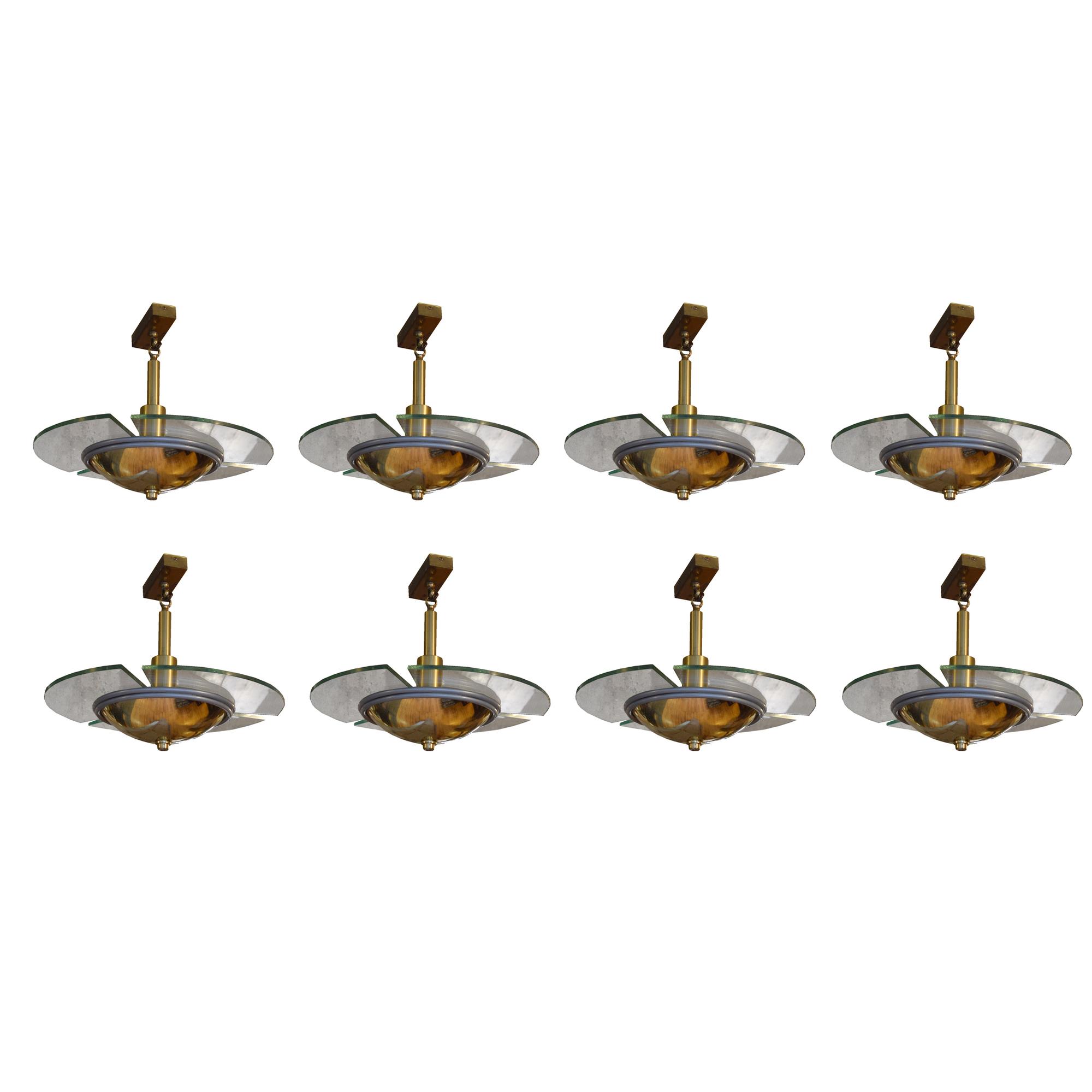 A Set of Eight Brass and Glass Light Fixtures 16" W x 18" D x 16" H — France, Mid-20th Century