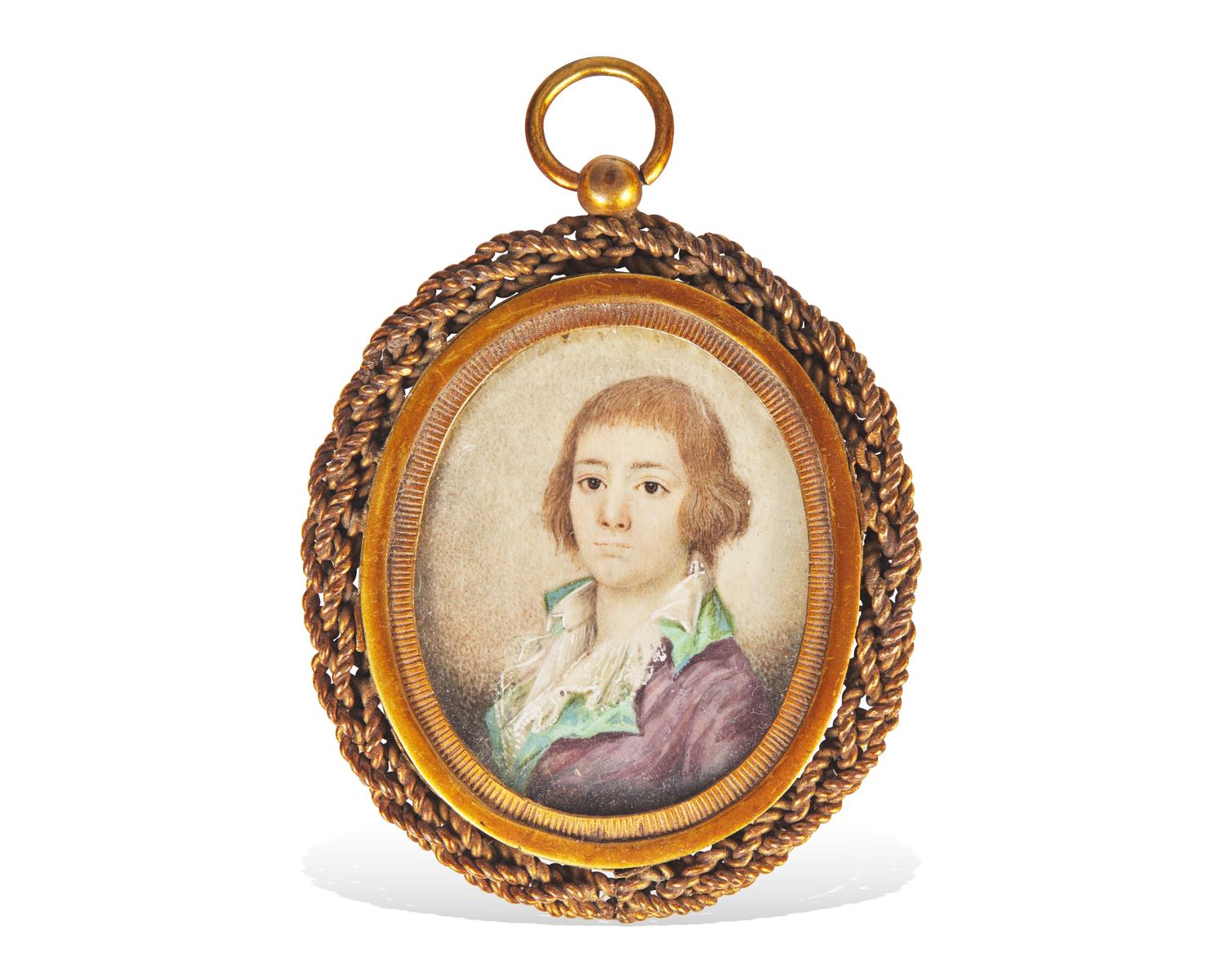 Spanish School 18th Century, A Portrait Miniature of a Young Boy with Green Collar