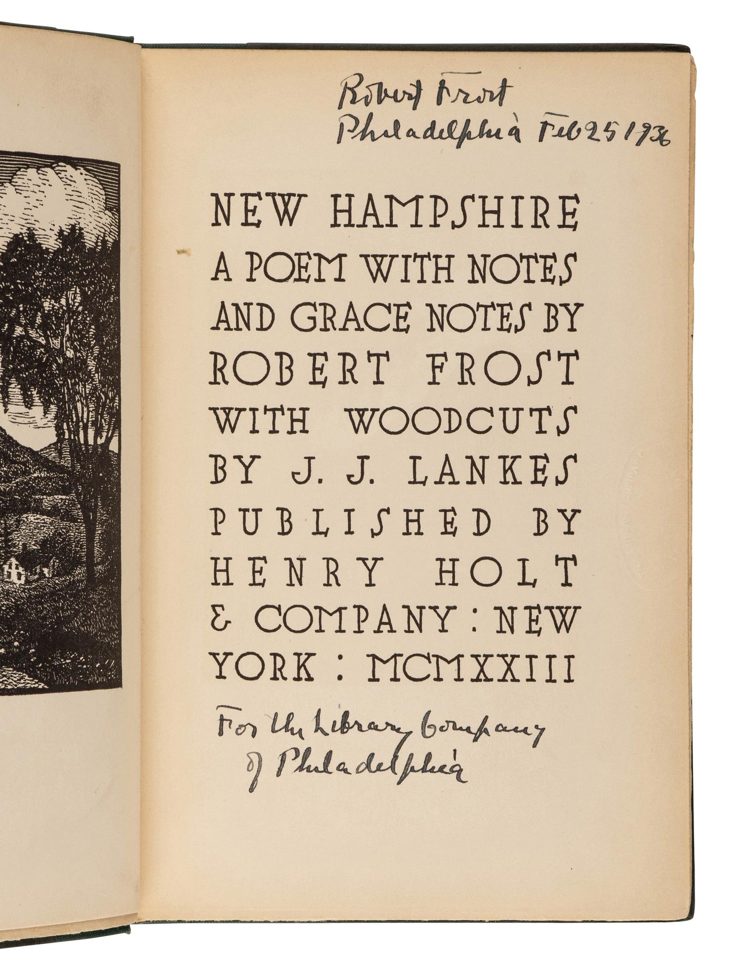 FROST, Robert (1874-1963). New Hampshire . New York: Henry Holt & Company, 1923.