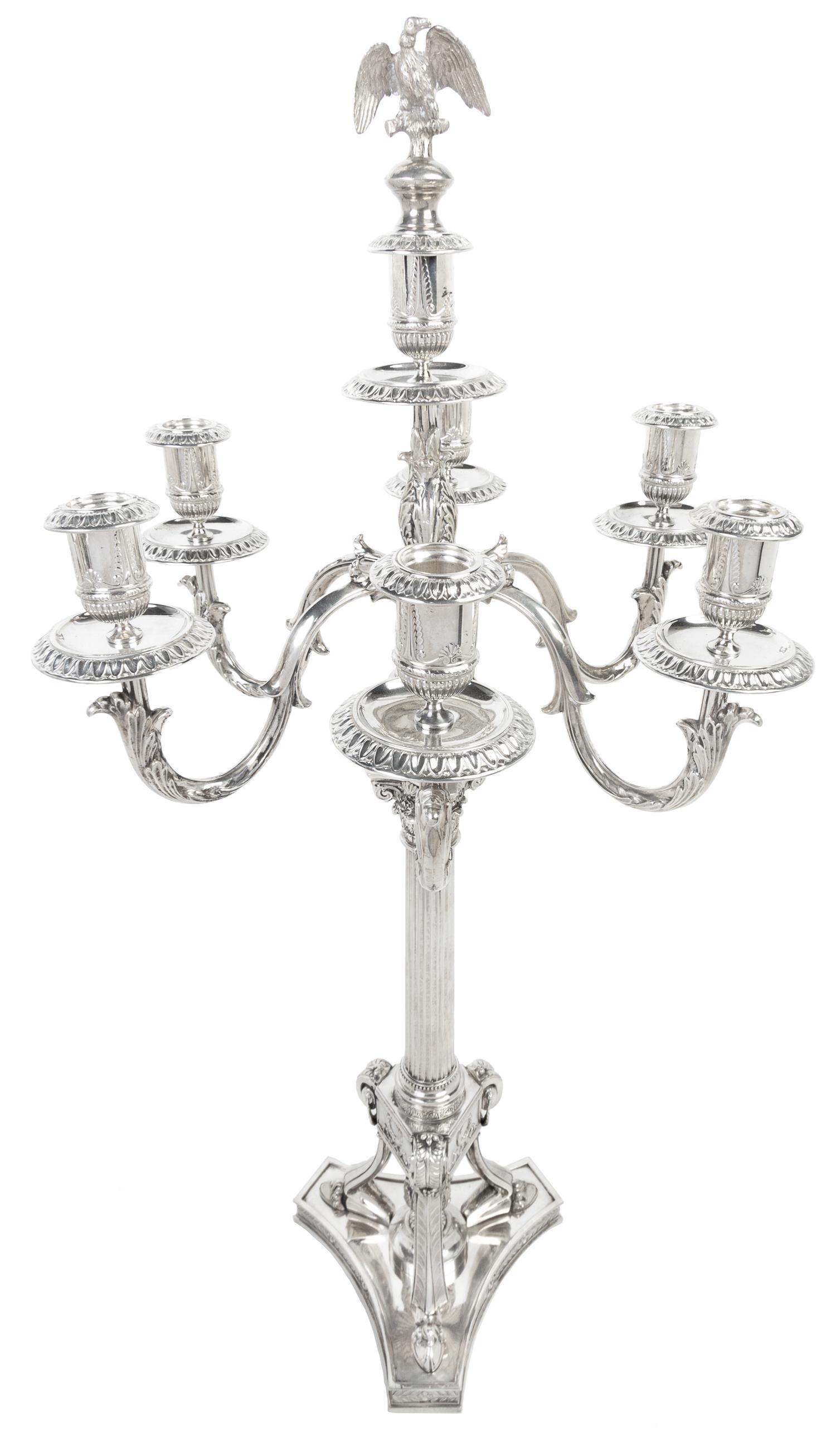 A Pair of German Silver Seven-Light Candelabra, Josef Krischer Nachfolger, Dusseldorf, Early 20th Century, the fluted columnar standard