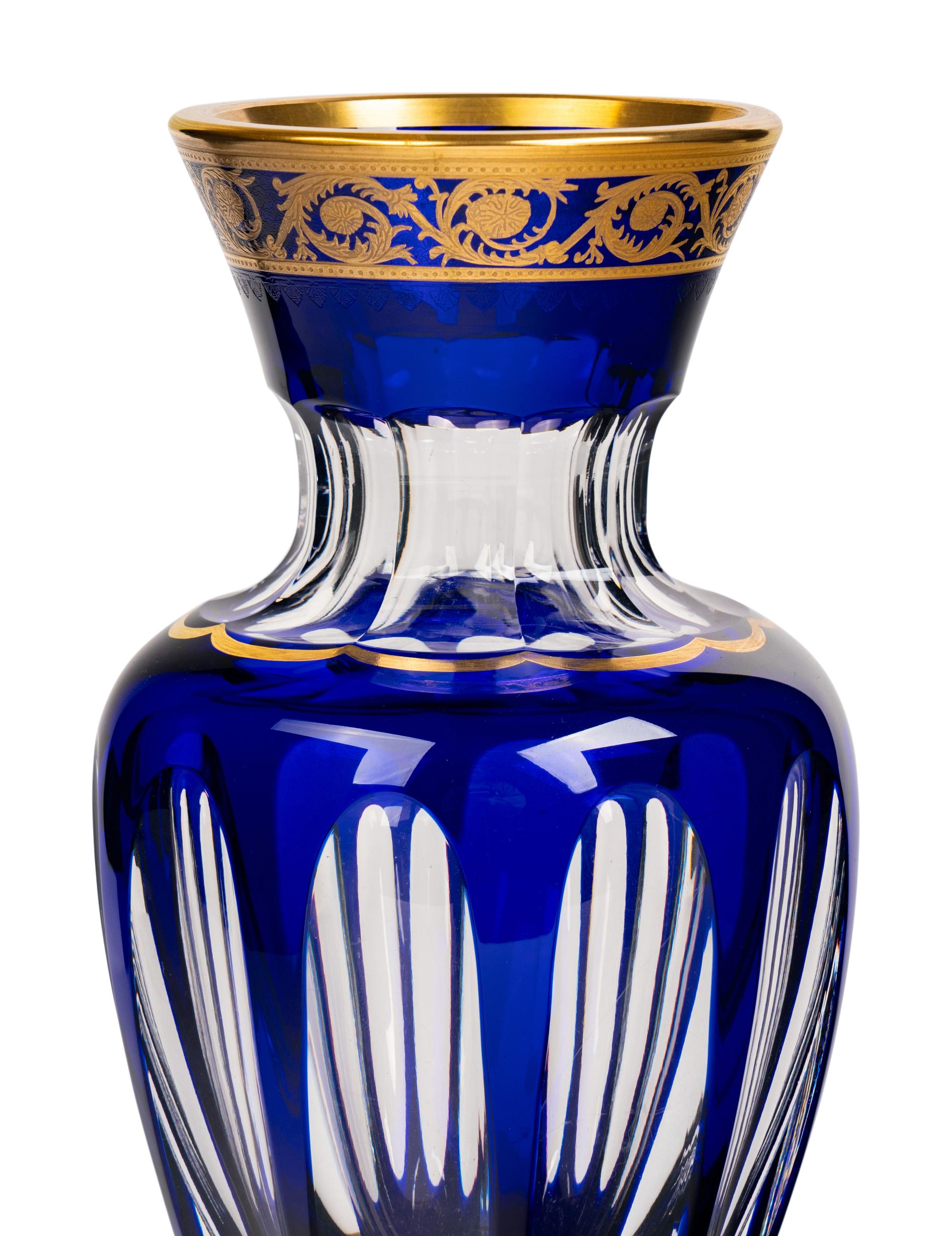 A Saint-Louis Gilt Decorated Cobalt Cut-to-Clear Glass Vase