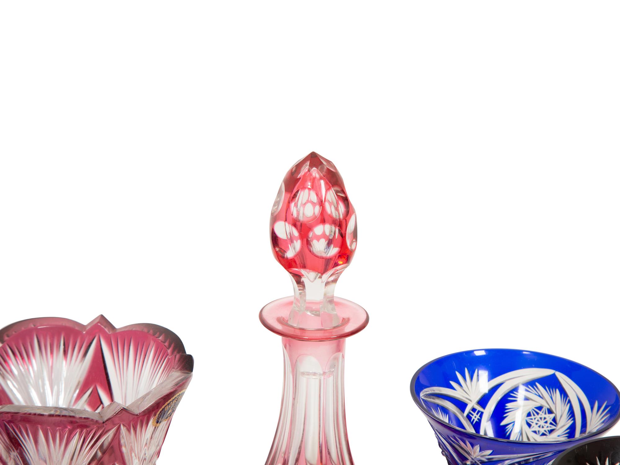 A Collection of Bohemian Colored Cut-to-Clear Glass Articles