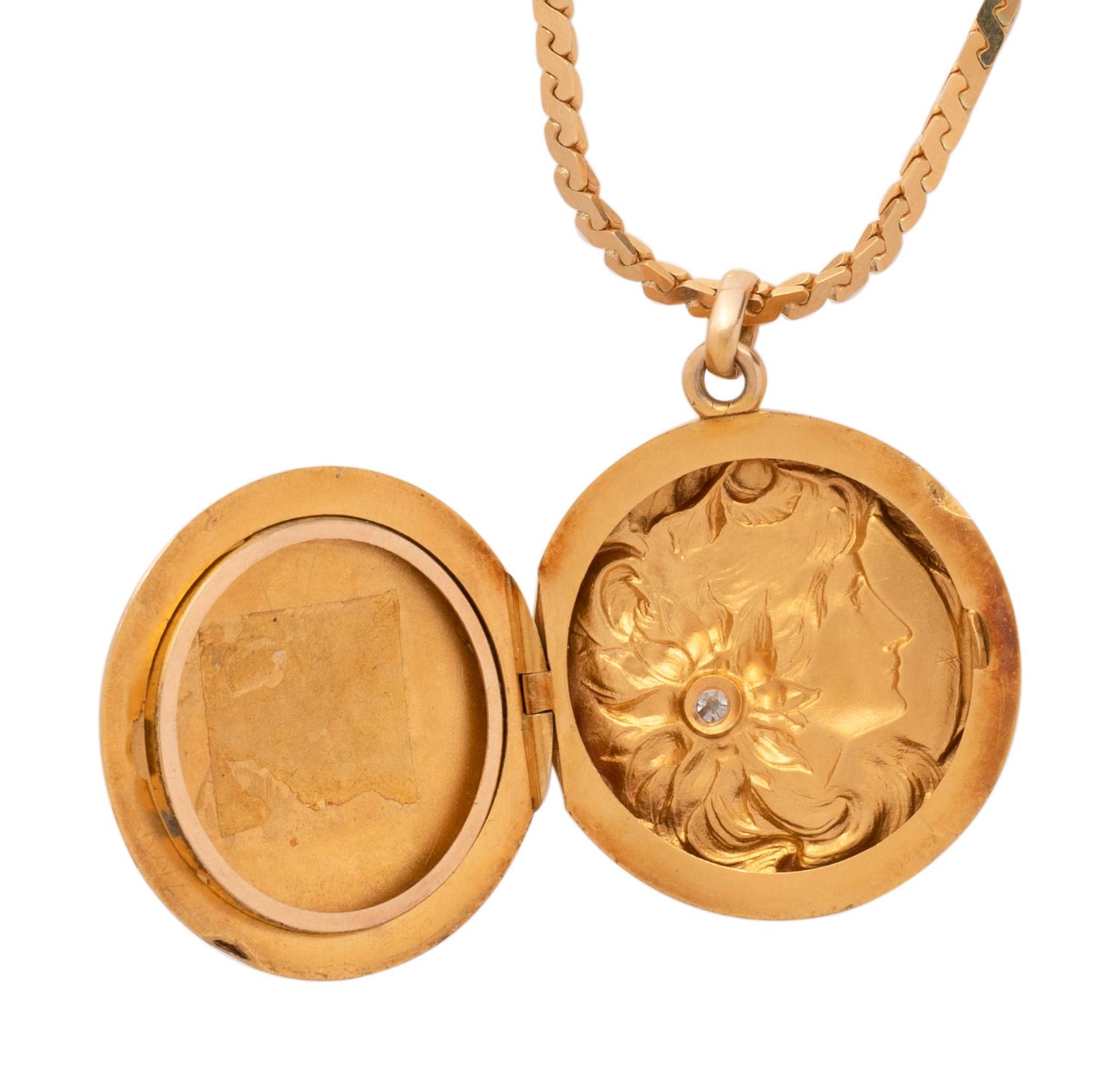 ART NOUVEAU, YELLOW GOLD AND DIAMOND LOCKET NECKLACE