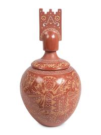 Award Winning Polychrome Redware Sgraffito Lidded Pottery Jar, Corn Dance