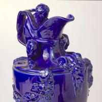 A Pair of Wedgwood Mazarine Blue Majolica-Glazed Water and Wine Ewers UK, 1860s or 1870s