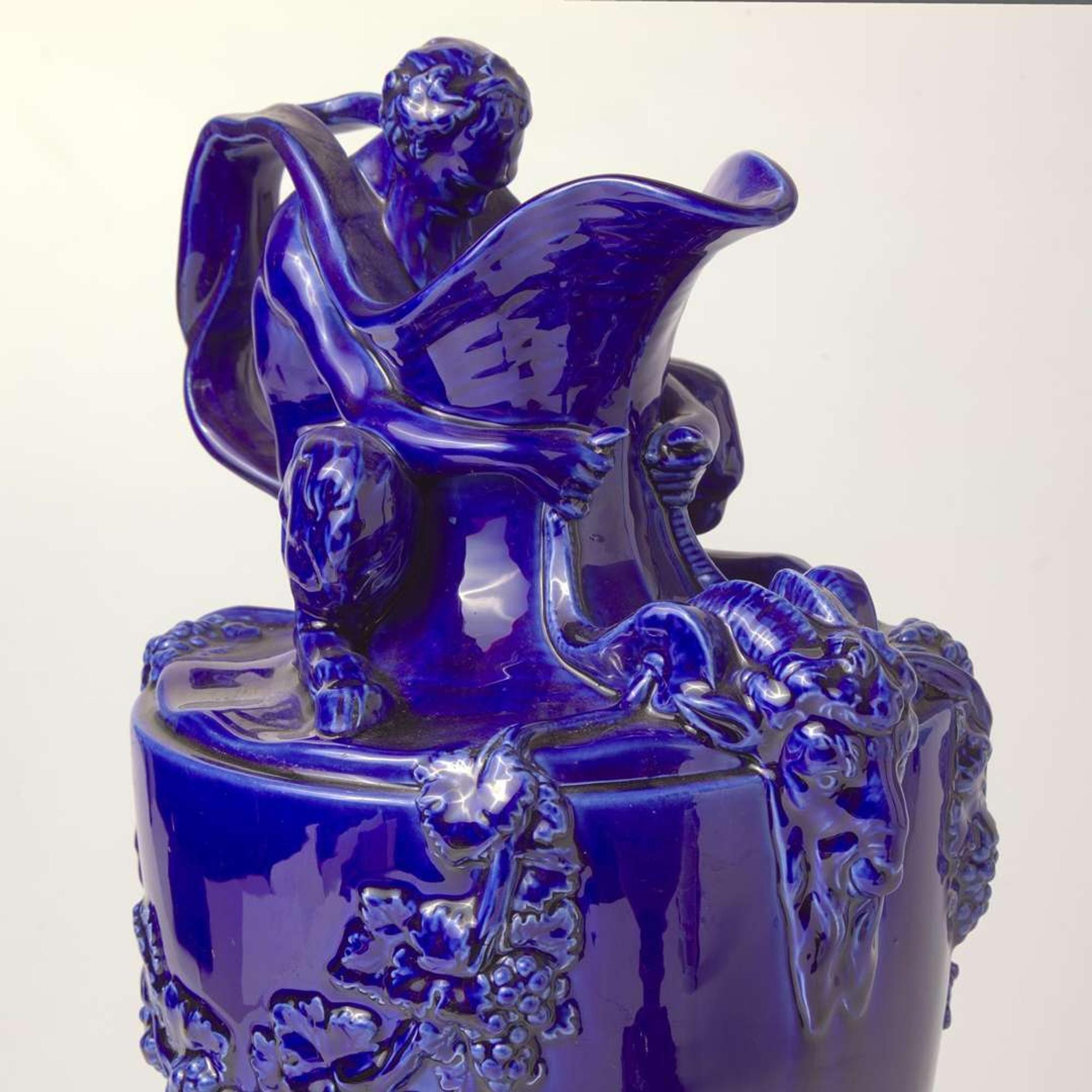 A Pair of Wedgwood Mazarine Blue Majolica-Glazed Water and Wine Ewers UK, 1860s or 1870s
