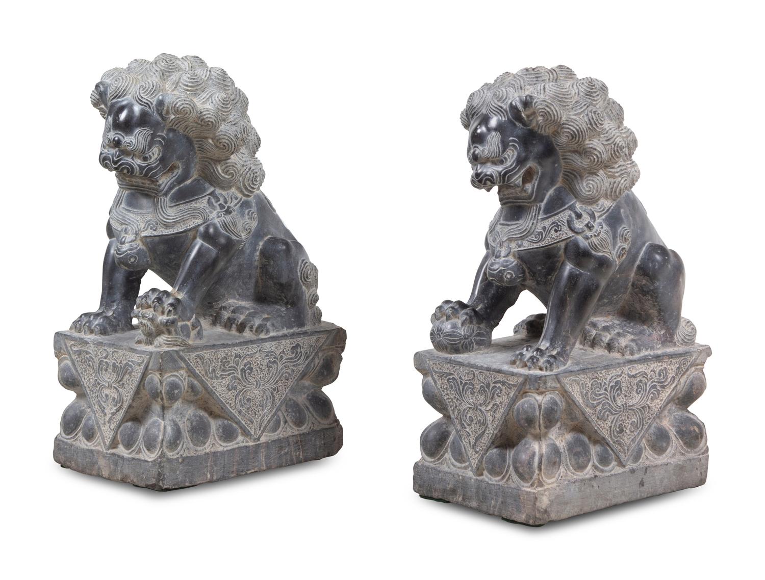 A Pair of Chinese Carved Stone Temple Lions