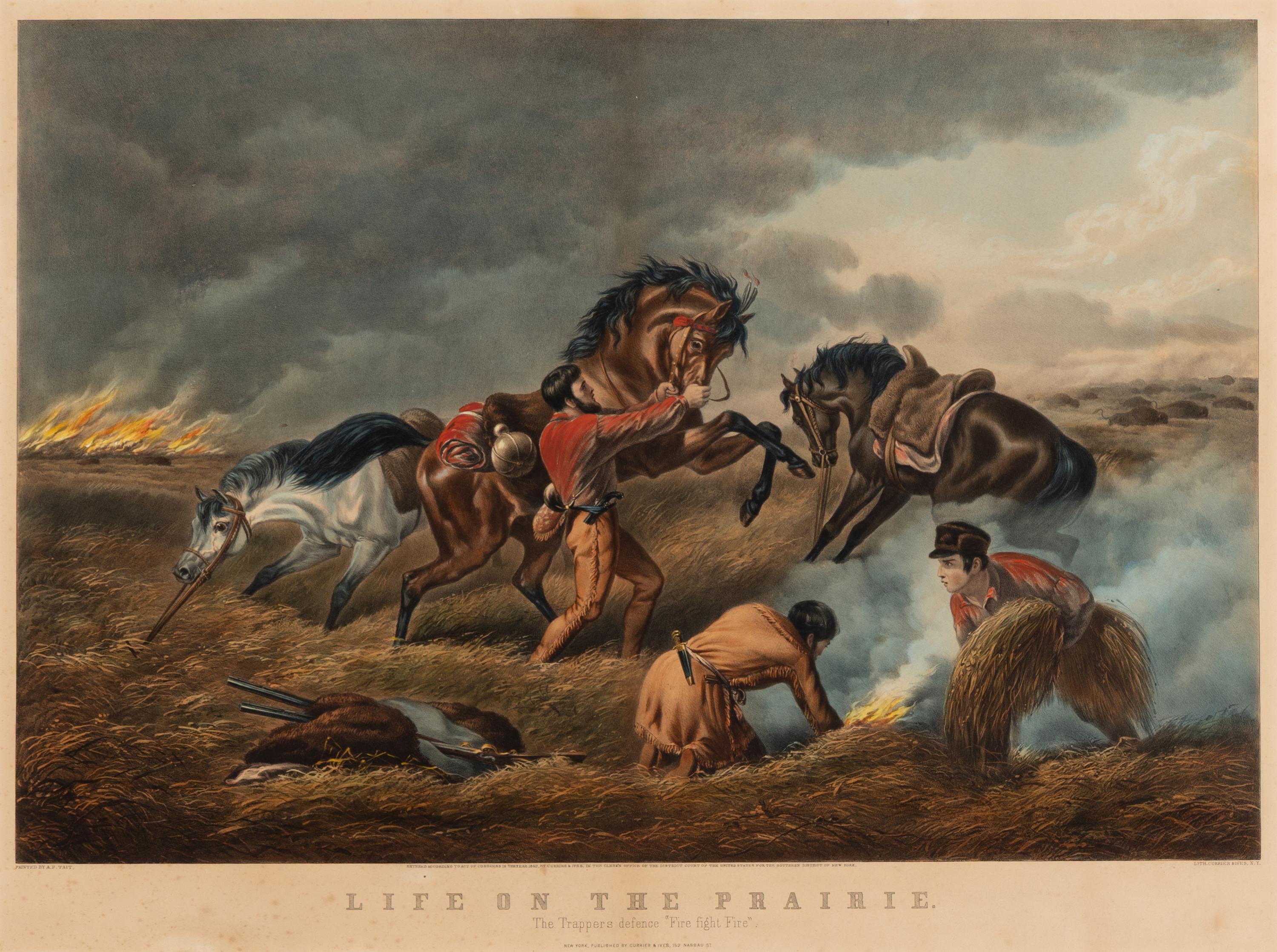 Currier and Ives, publishers -- After Arthur F. Tait Life on the Prairie: Trappers Defence, "Fire Fight Fire" , 1862. (G.3797)