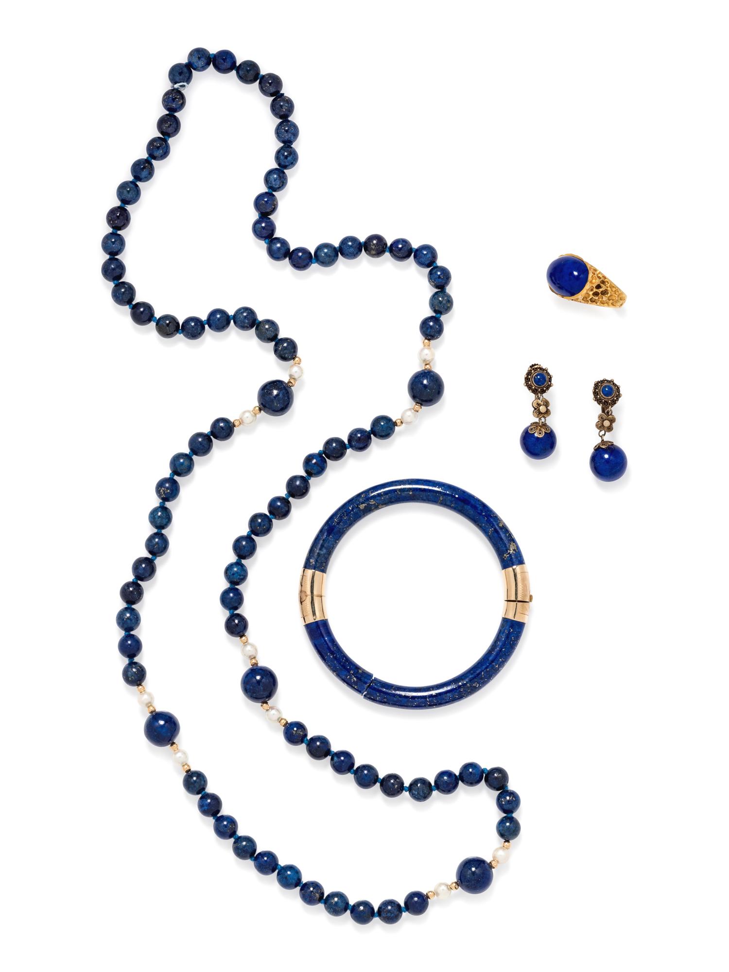 A Collection of Yellow Gold and Lapis Lazuli Jewelry,