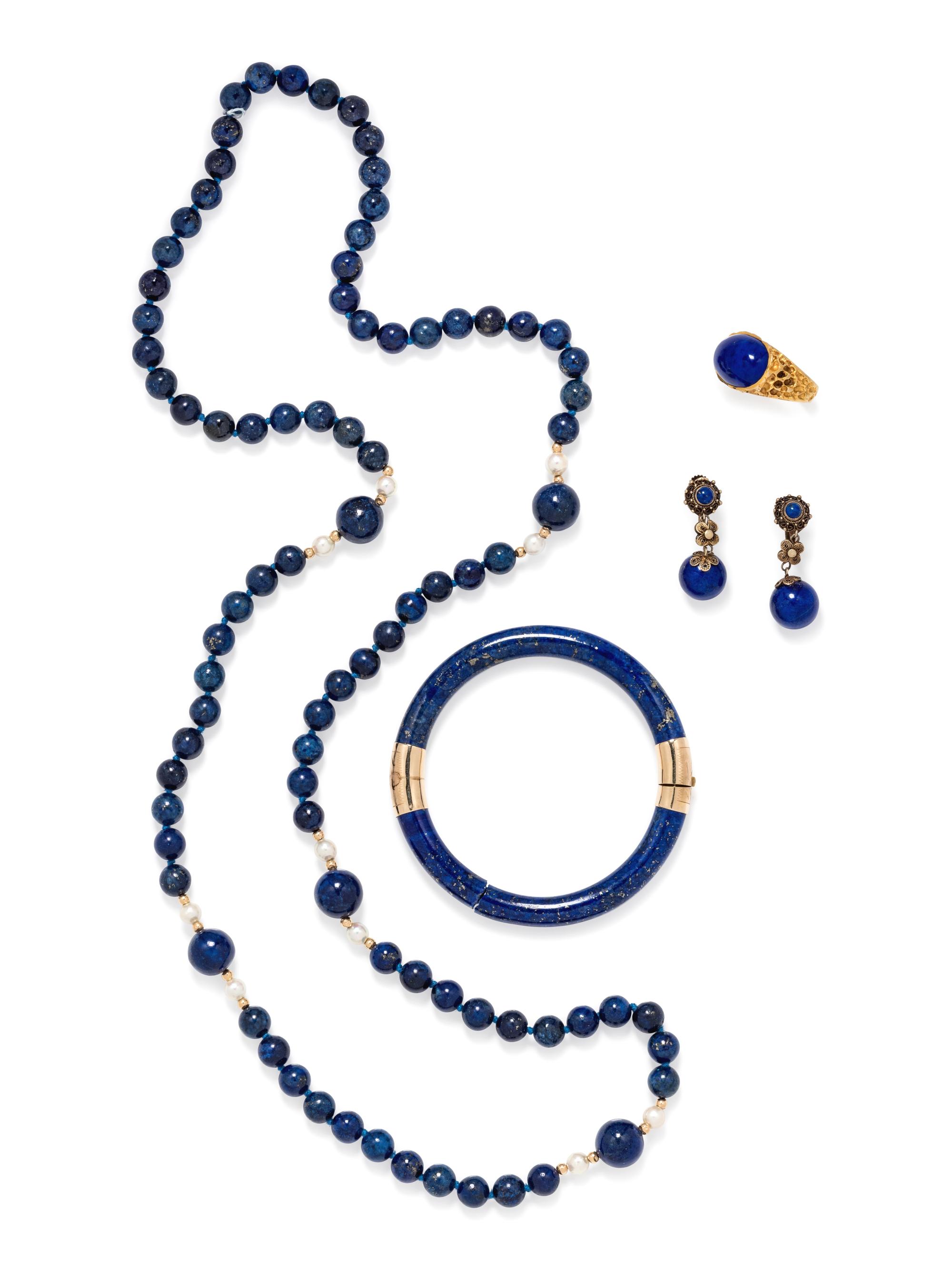 A Collection of Yellow Gold and Lapis Lazuli Jewelry,