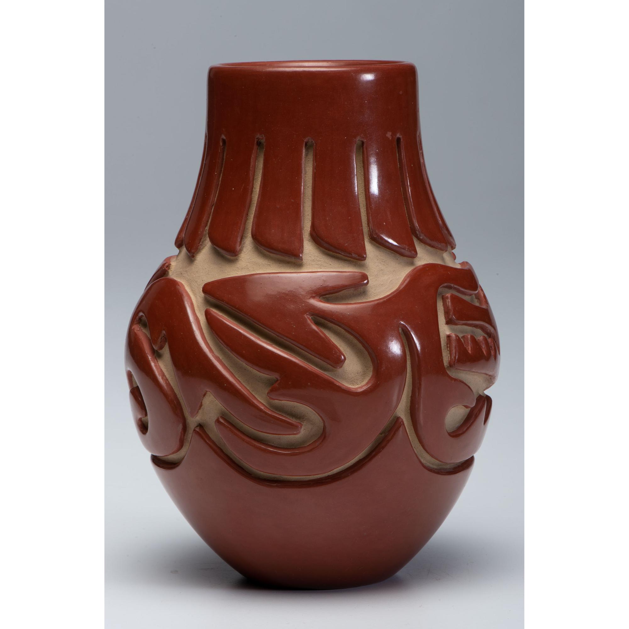 Carved Redware Jar, with Avanyu