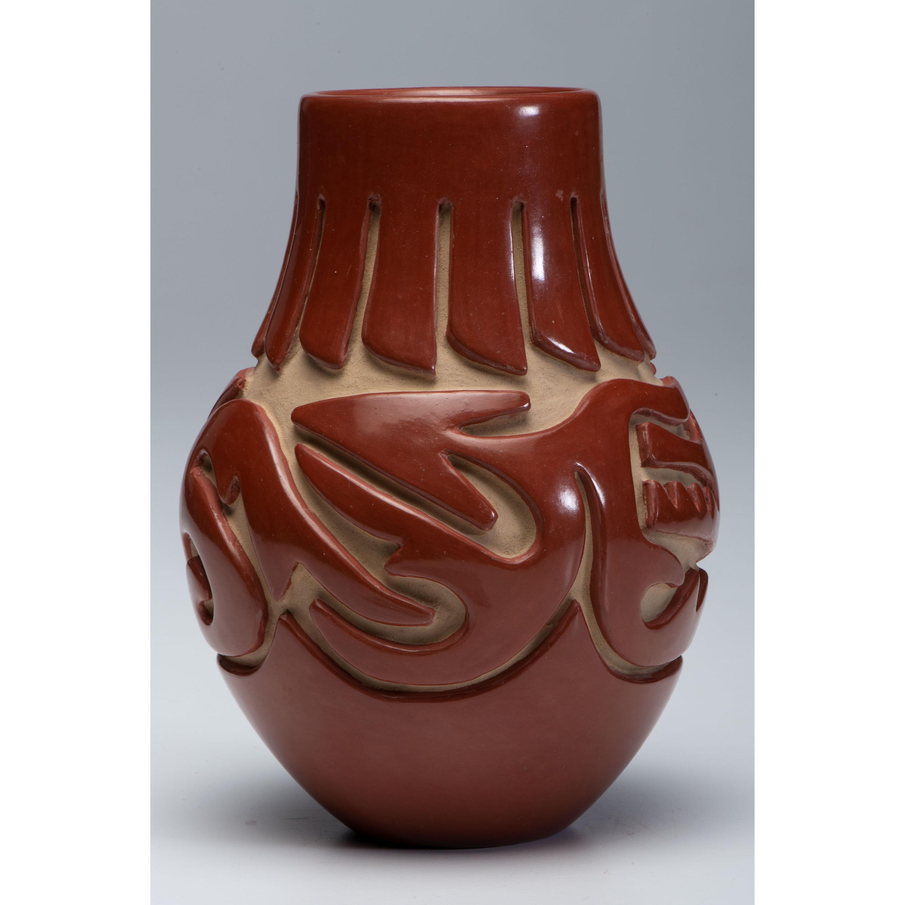 Carved Redware Jar, with Avanyu
