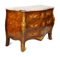 A Louis XV Style Kingwood Parquetry Marble Top Bombe Commode — LATE 19TH CENTURY