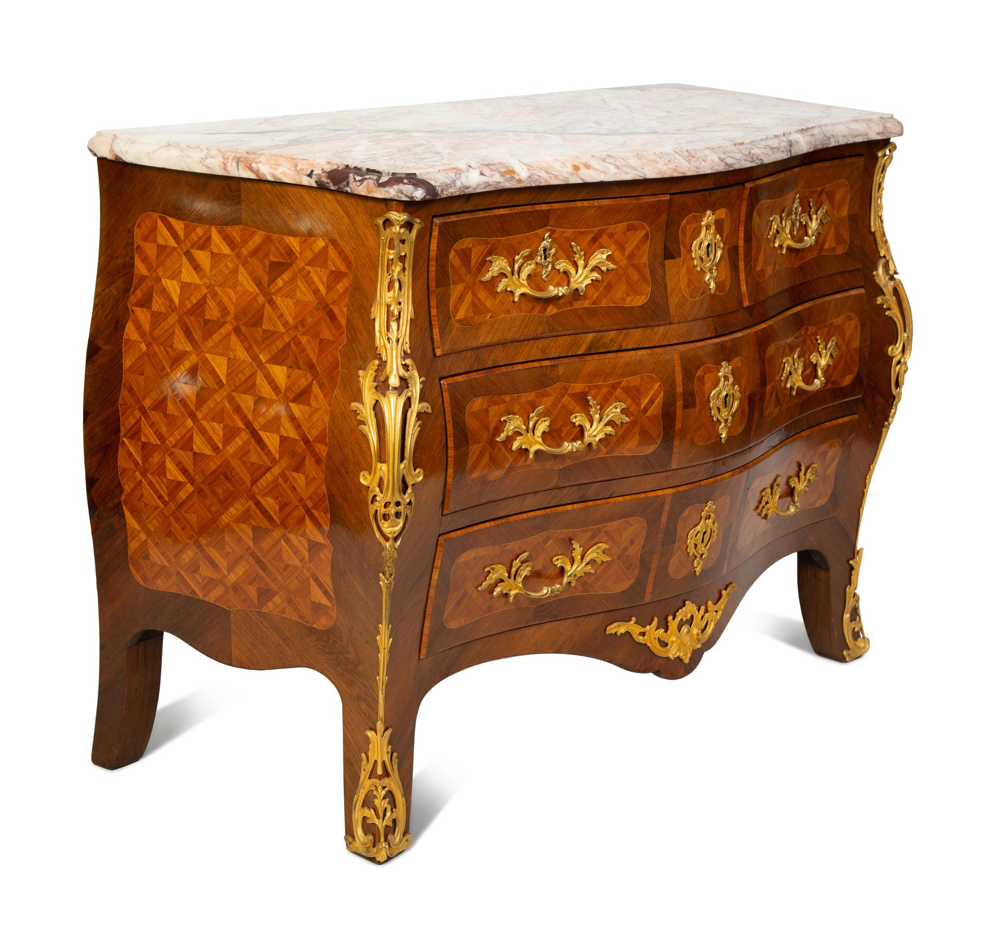 A Louis XV Style Kingwood Parquetry Marble Top Bombe Commode — LATE 19TH CENTURY