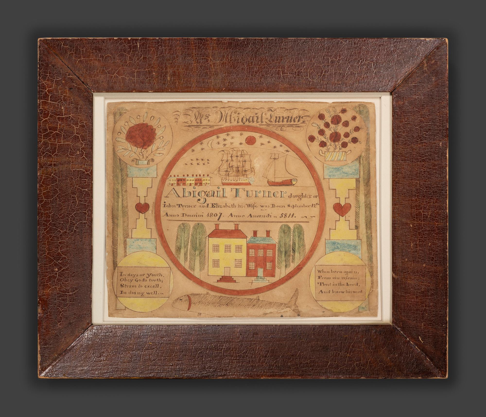 A Birth Record Watercolor Fraktur Identified to Abigail Turner (1807-1876), Possibly by E. Firth