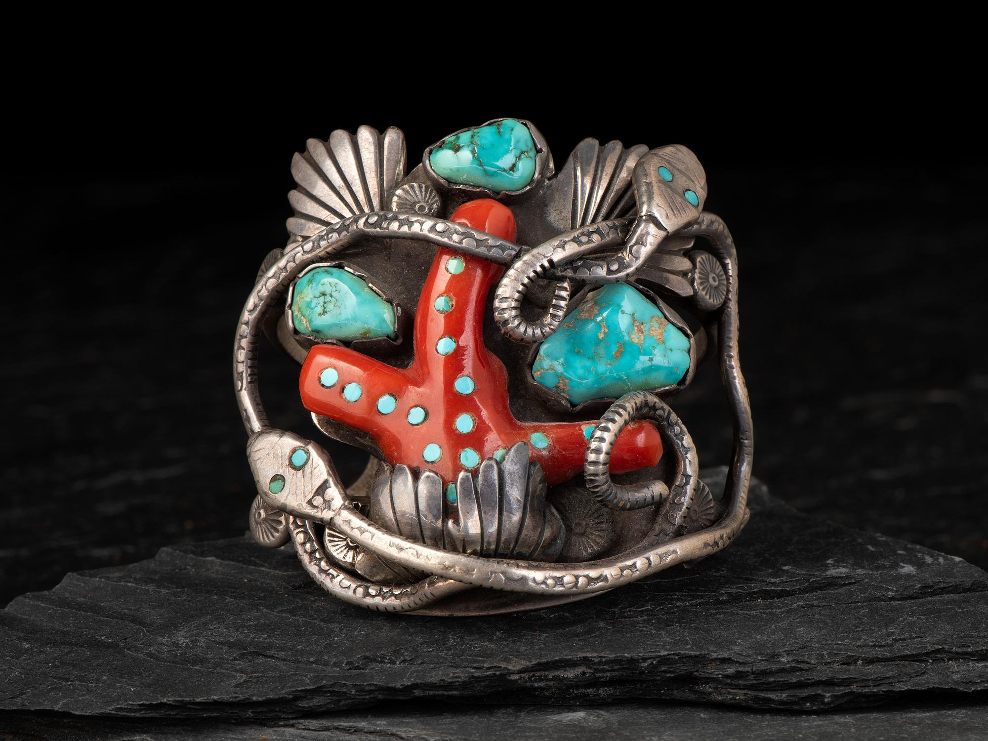 Serpent Cuff Bracelet, set with Turquoise and Coral