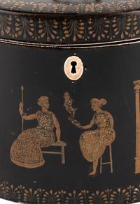 An English Ebonized and Pen-Work Decorated Tea Caddy