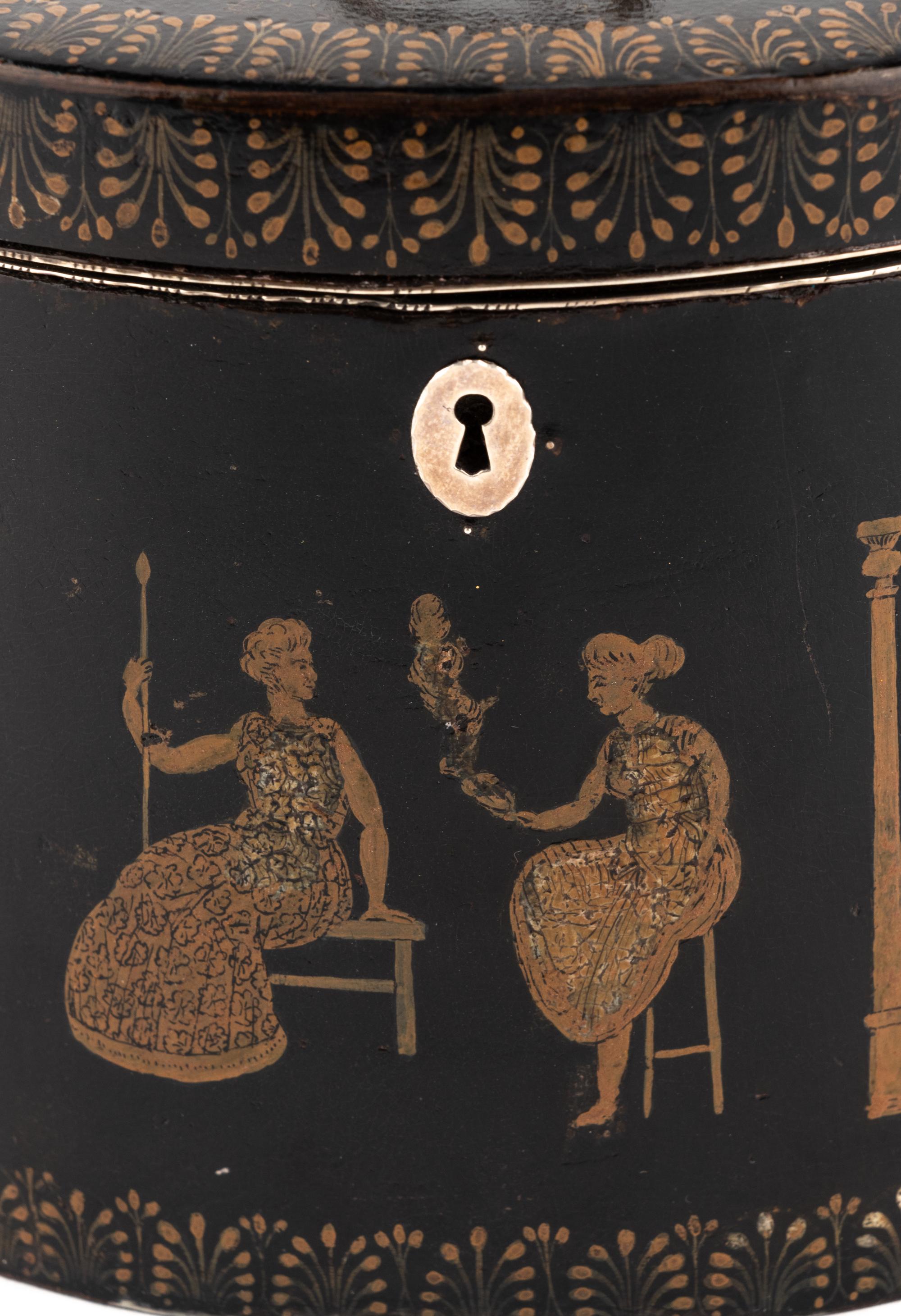 An English Ebonized and Pen-Work Decorated Tea Caddy