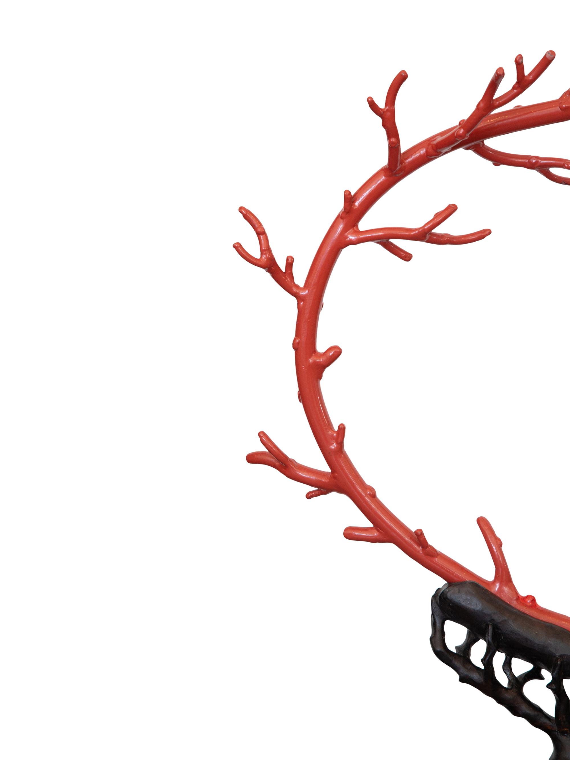 A Large Painted Metal Model of Coral on a Pierce Carved Hardwood Stand