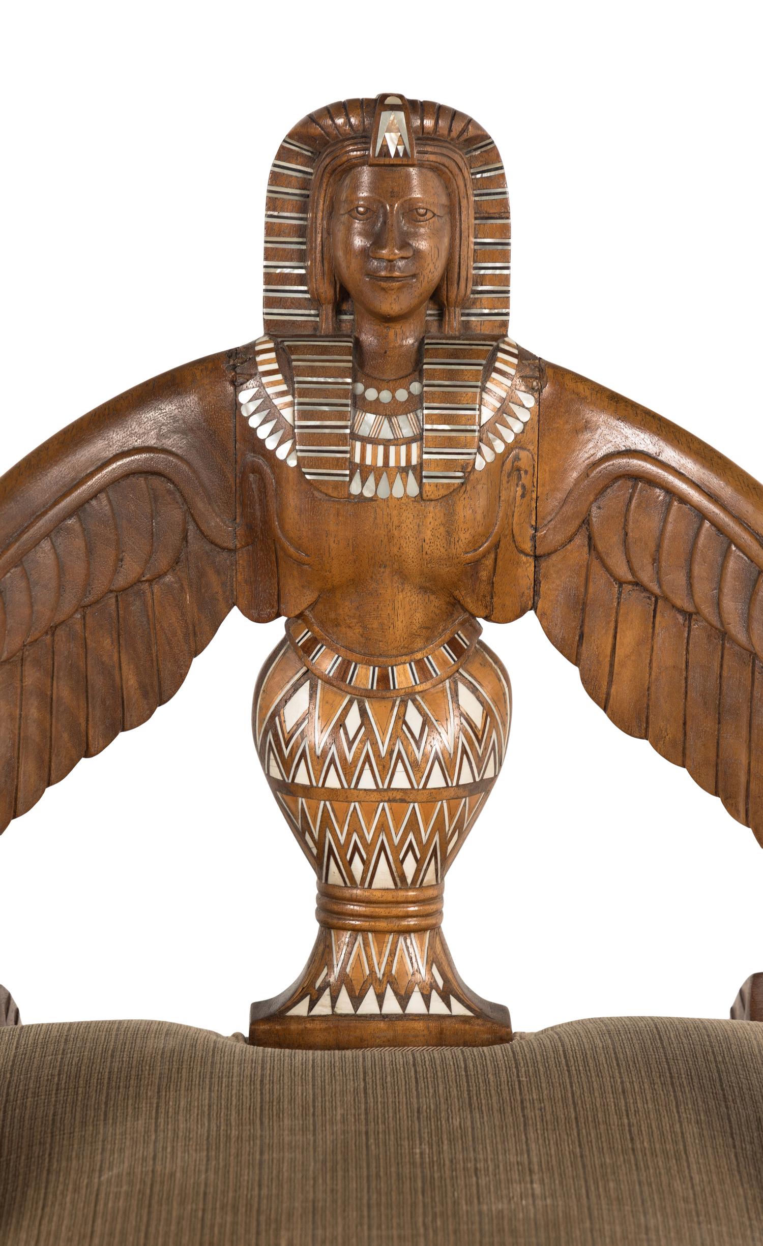 A Pair of Egyptian Revival Mother-of-Pearl Inlaid Figural Armchairs