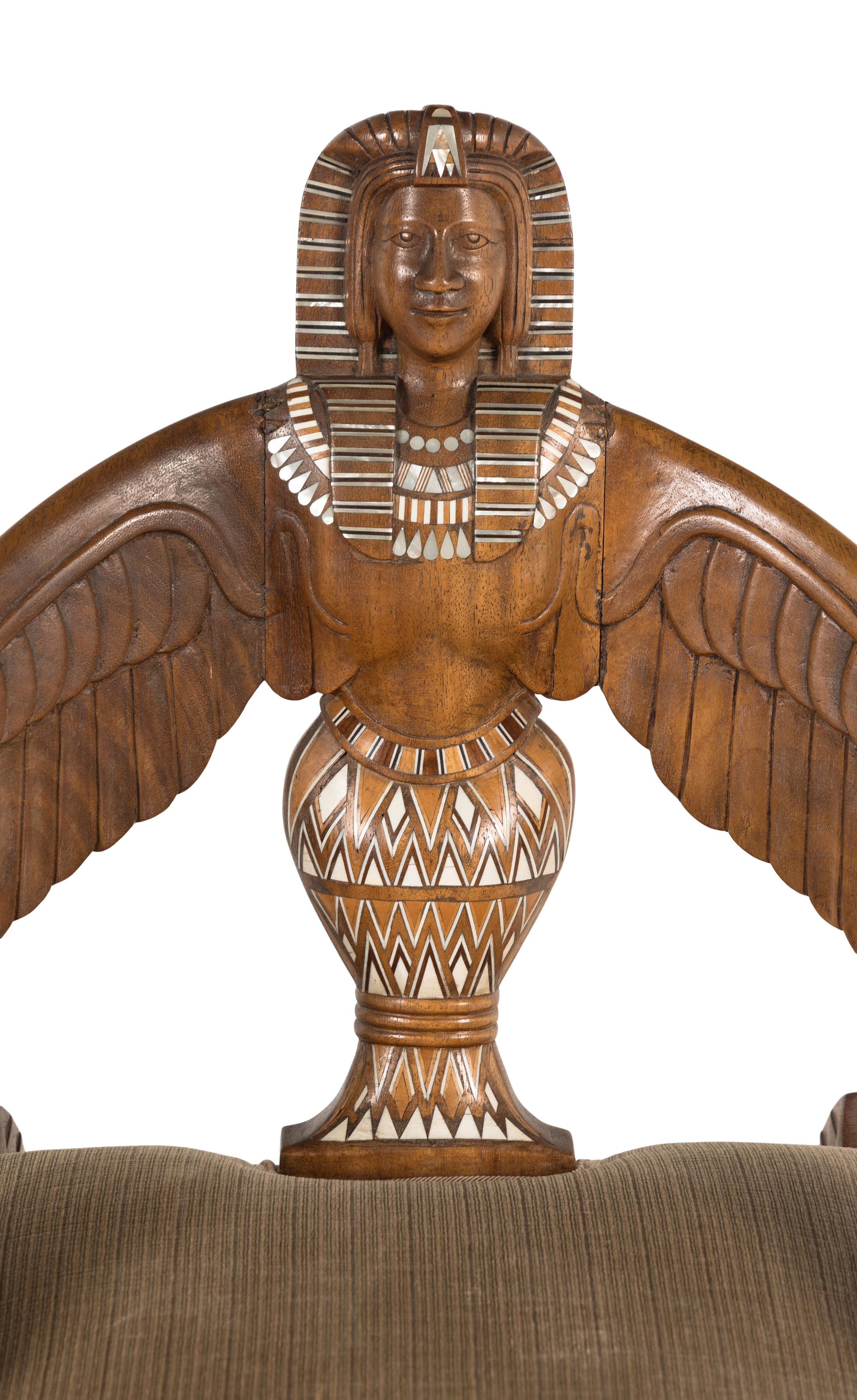 A Pair of Egyptian Revival Mother-of-Pearl Inlaid Figural Armchairs
