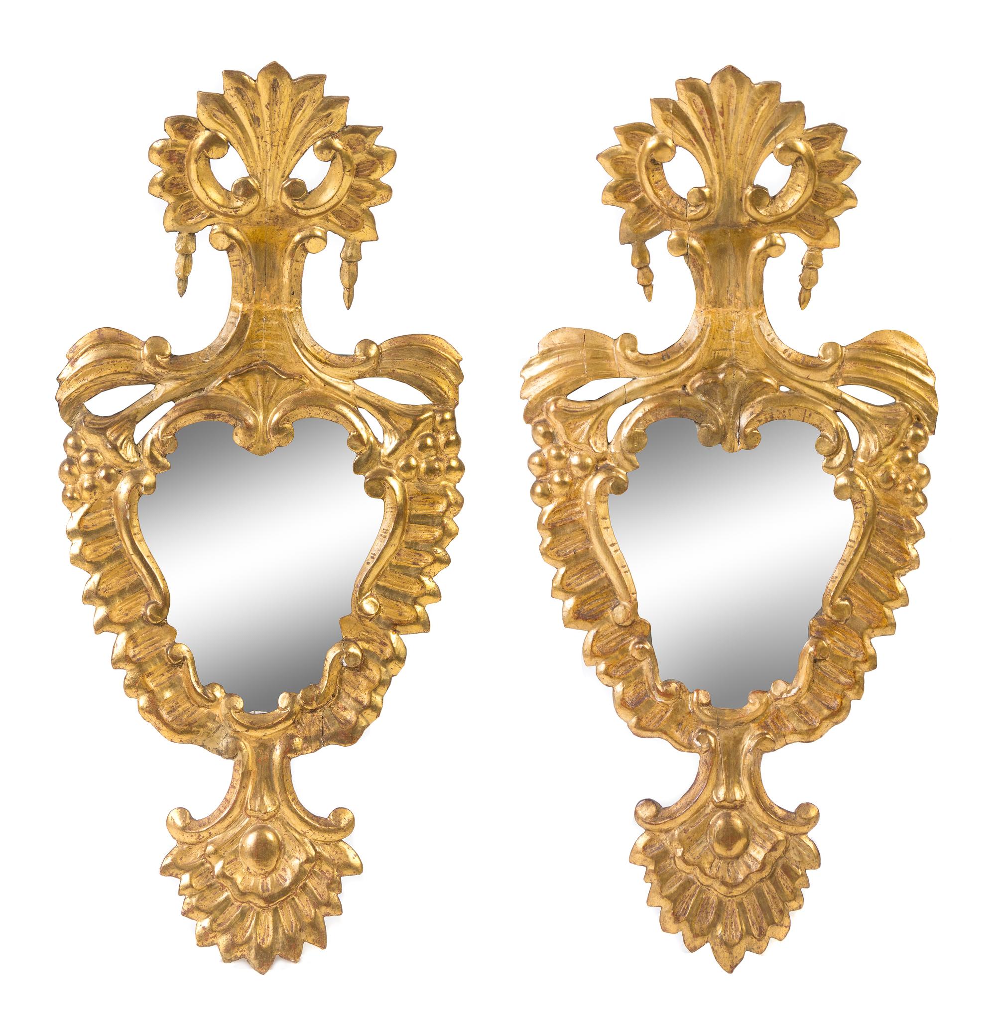 A Pair of Italian Baroque Giltwood Mirrors Height 30 1/8 x width 14 inches. — 18TH CENTURY