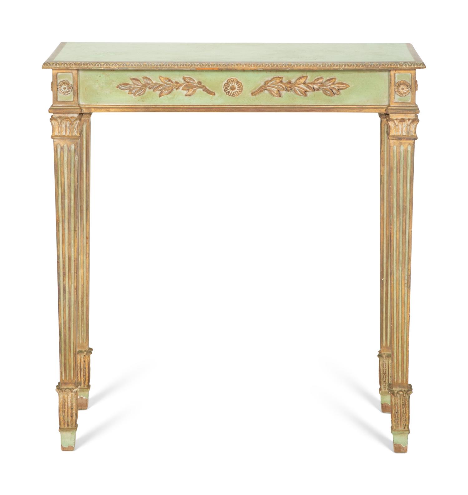 An Italian Louis XVI Style Green-Painted and Parcel Gilt Console Table