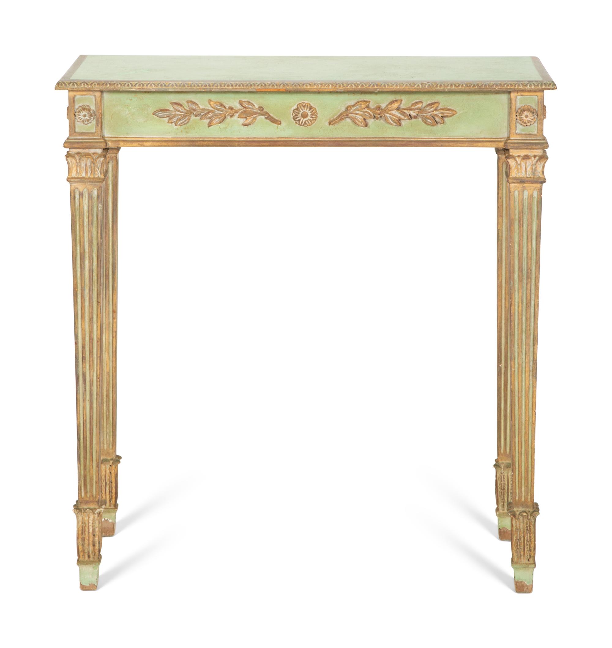 An Italian Louis XVI Style Green-Painted and Parcel Gilt Console Table