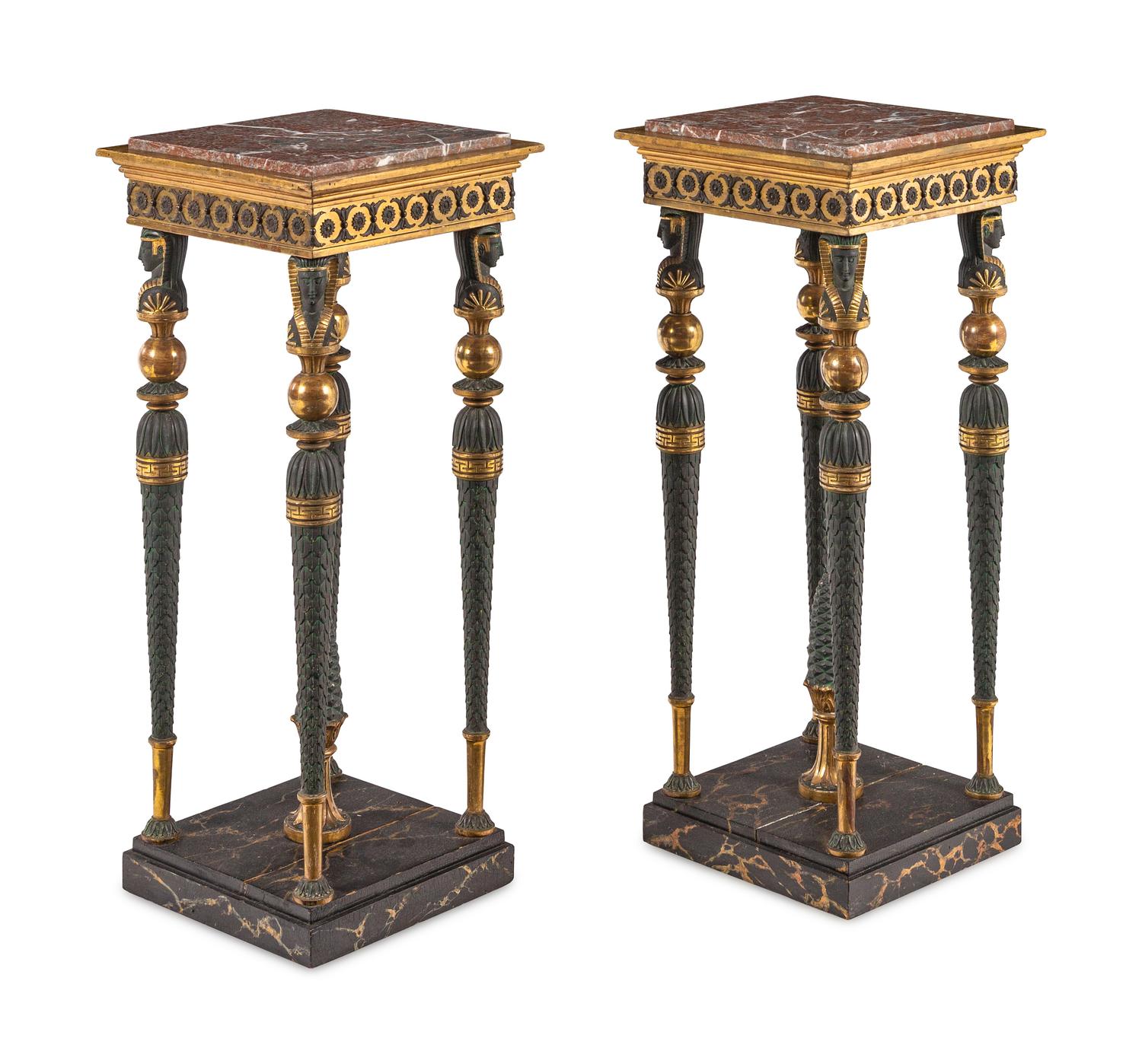 A Pair of Baltic Patinated Metal Mounted Painted and Parcel-Gilt Marble-Top Pedestals