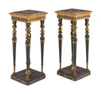 A Pair of Baltic Patinated Metal Mounted Painted and Parcel-Gilt Marble-Top Pedestals