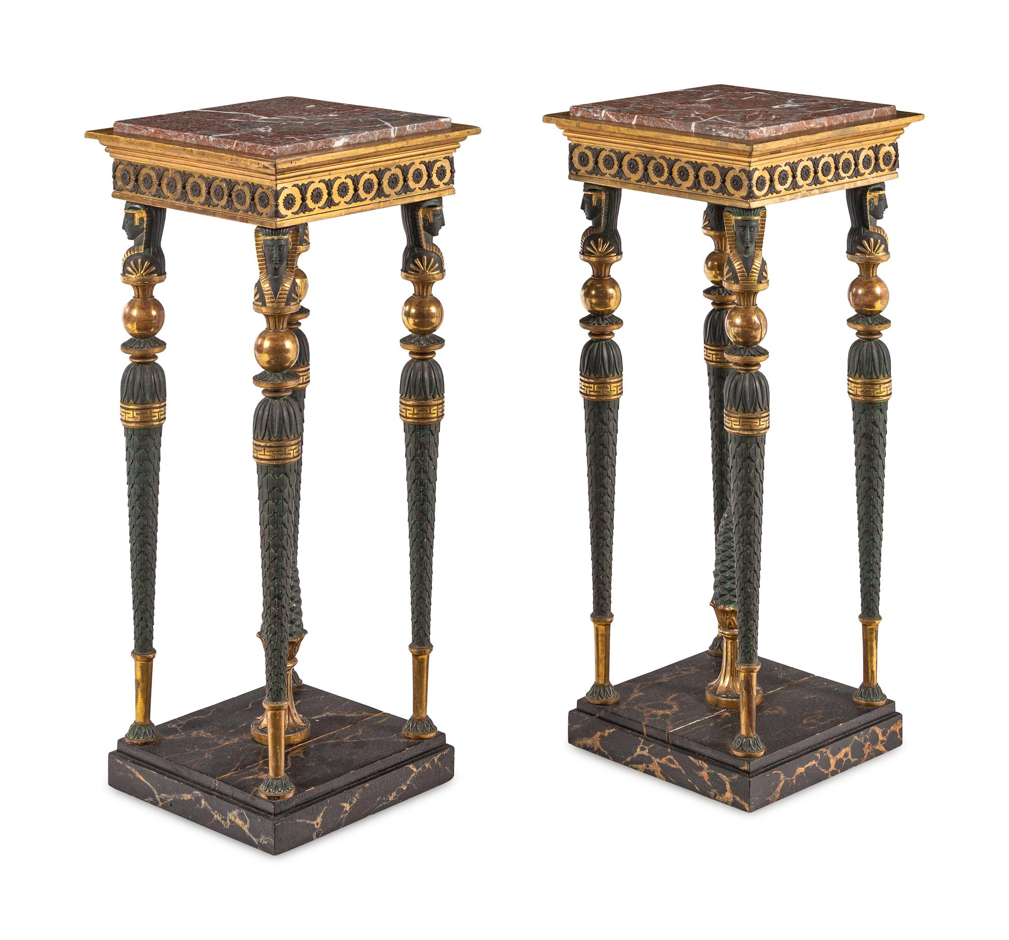 A Pair of Baltic Patinated Metal Mounted Painted and Parcel-Gilt Marble-Top Pedestals