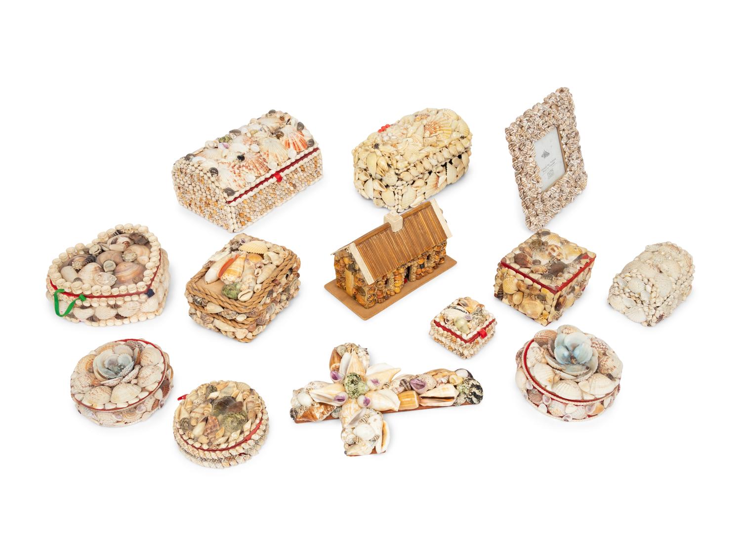 Thirteen Contemporary Shell Decorated Sailor’s Whimsy Boxes, Frame and a Cross