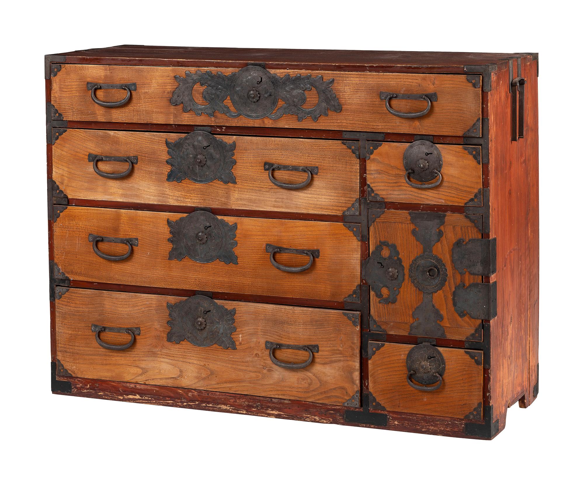 A Japanese Pressed Metal Mounted Tansu Chest