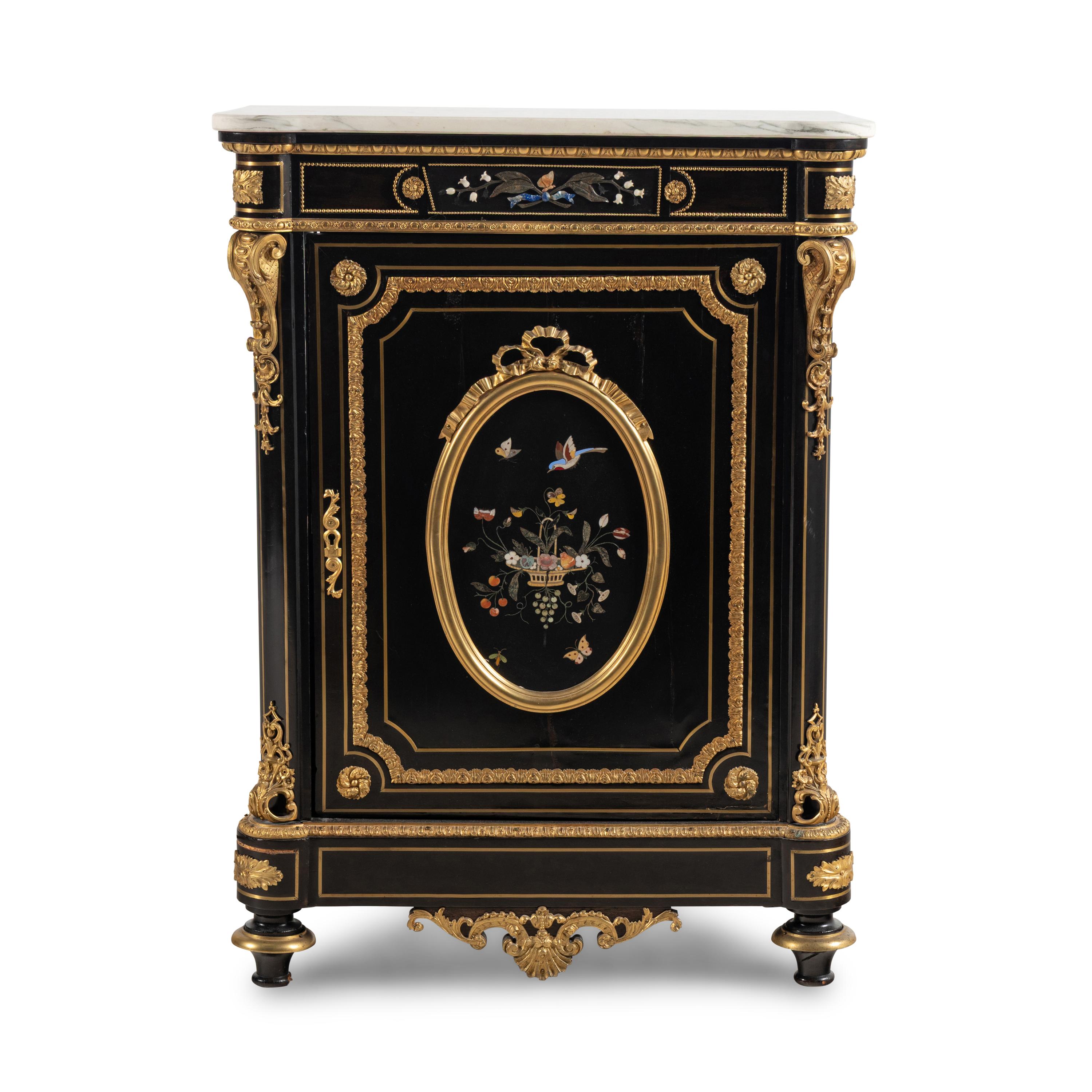 A Napoleon III Style Ebonized, Gilt Bronze and Pietra Dura Plaque Mounted Marble-Top Meuble d’Appui