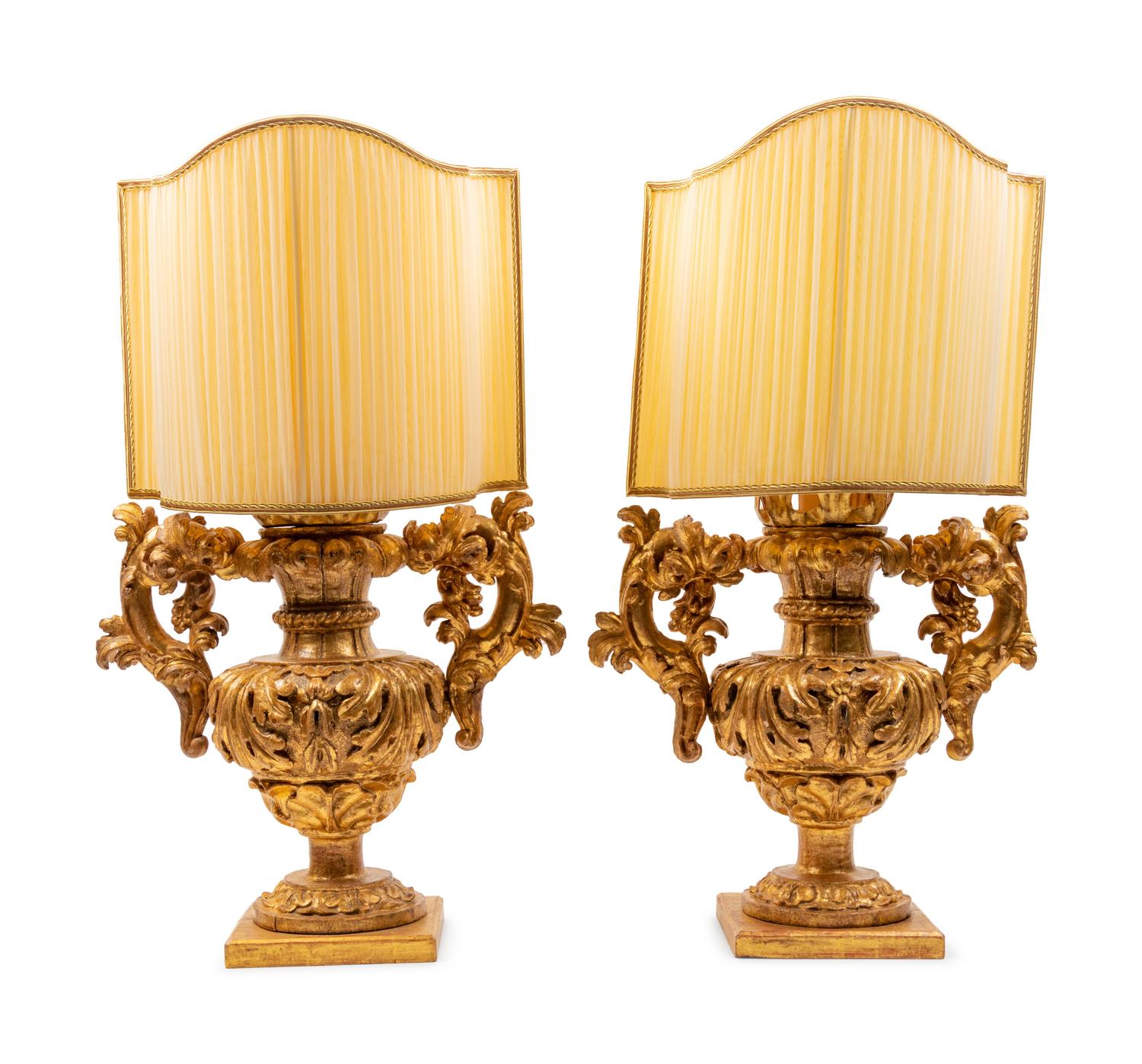 A Pair of Italian Giltwood Finials Mounted as Lamps with Silk Shades