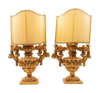 A Pair of Italian Giltwood Finials Mounted as Lamps with Silk Shades