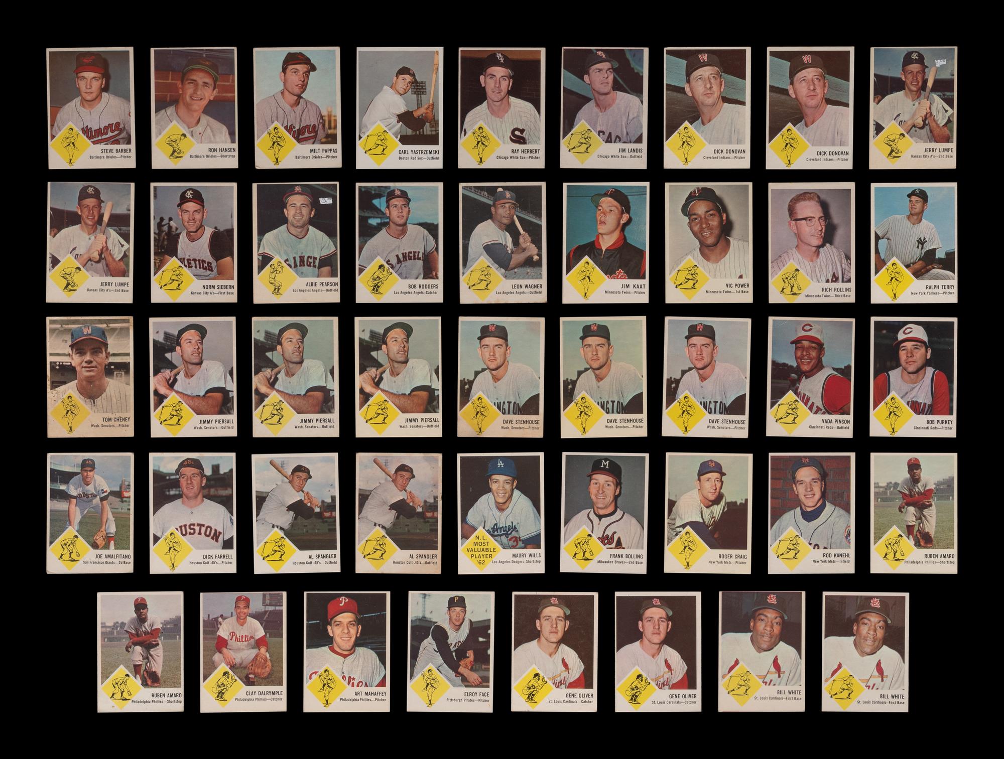 A Group of 45 1963 Fleer Baseball Cards (Including Maury Wills Rookie and Hall of Famers),