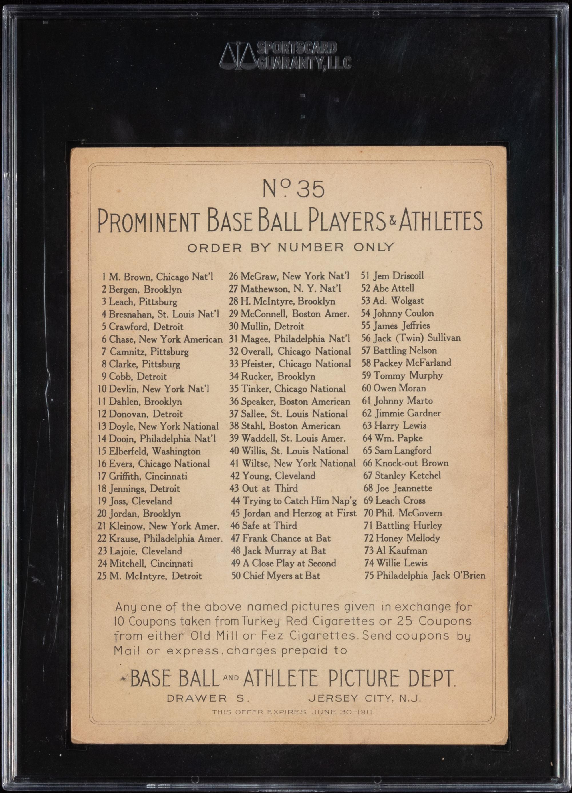 A 1911 T3 Turkey Red Cabinets Joe Tinker Baseball Card (SGC 4 VG-EX) Checklist Back