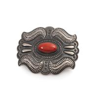 Sterling Silver Belt Buckle, with Coral Cabochon