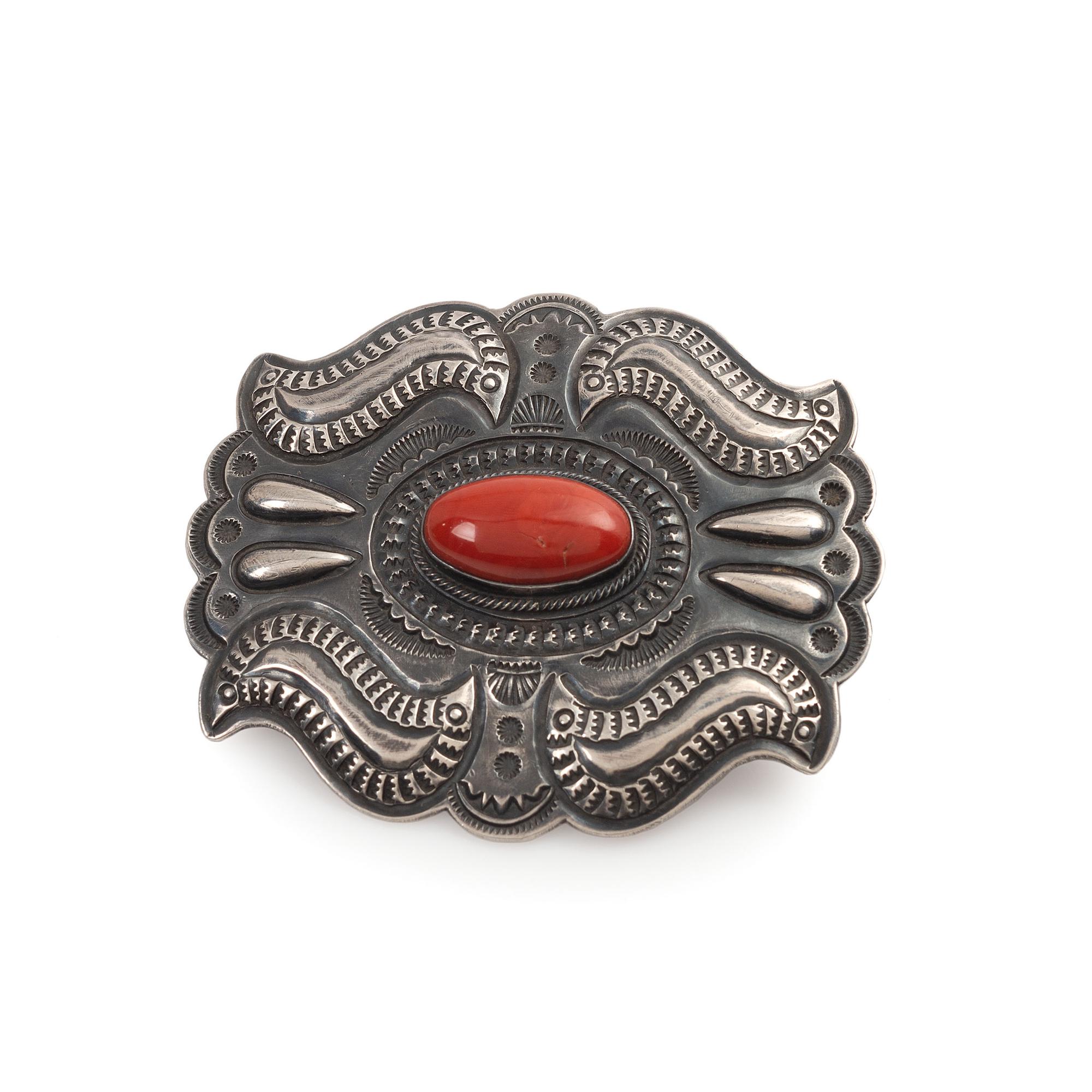 Sterling Silver Belt Buckle, with Coral Cabochon