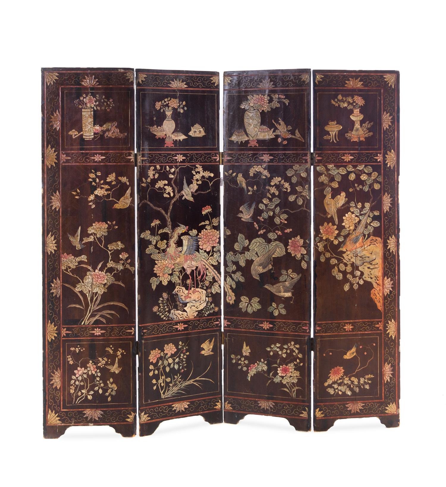 A Chinese Lacquered Four Panel Floor Screen