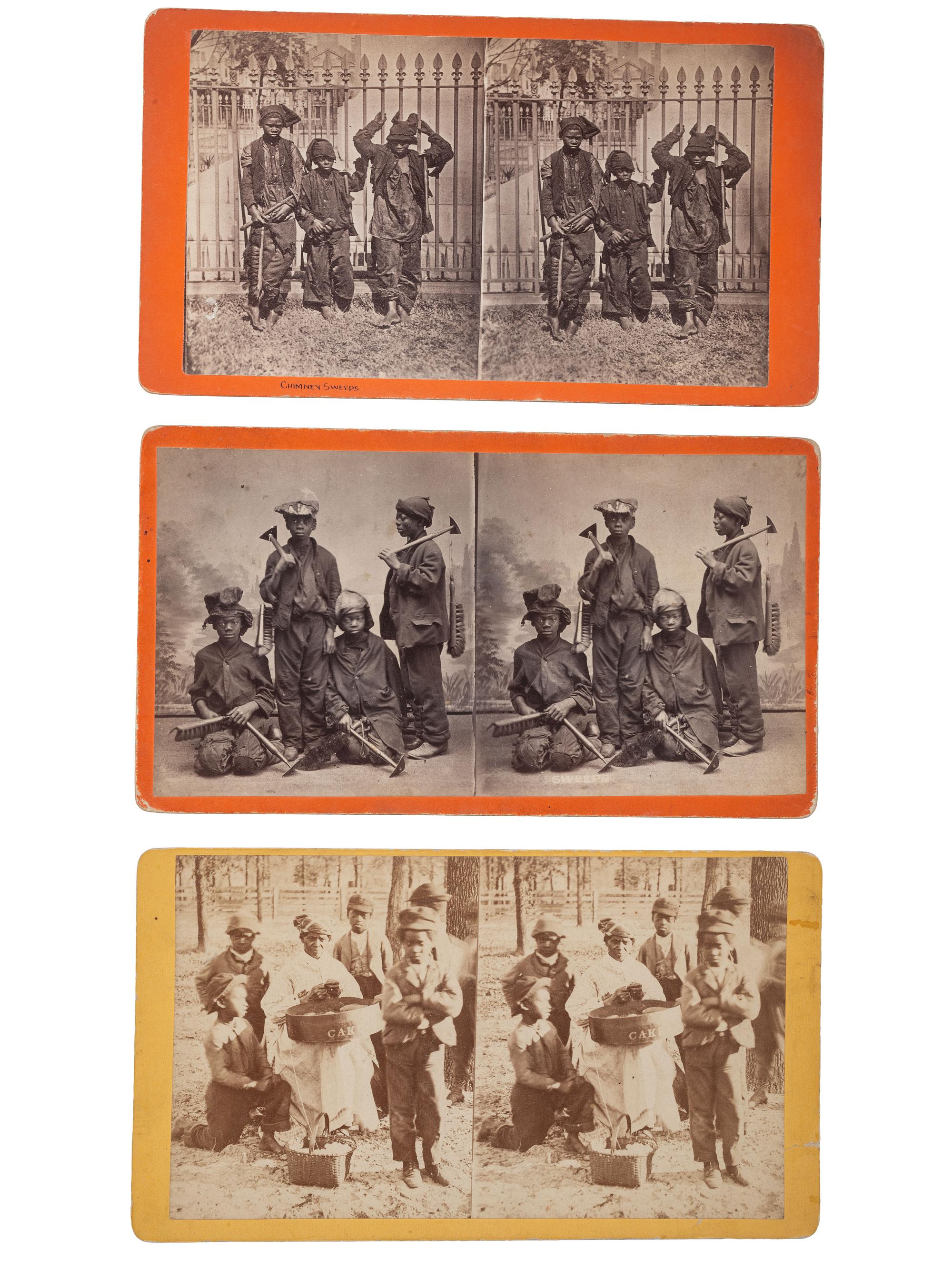 [EARLY PHOTOGRAPHY]. PALMER, J.A. (1825-1896), and HAVENS, O. Pierre (1838-1912), photographers. A group of 3 stereoviews of African American subjects, incl. "Chimney Sweeps" and "Cake Mary." Ca 1870s-1880s.