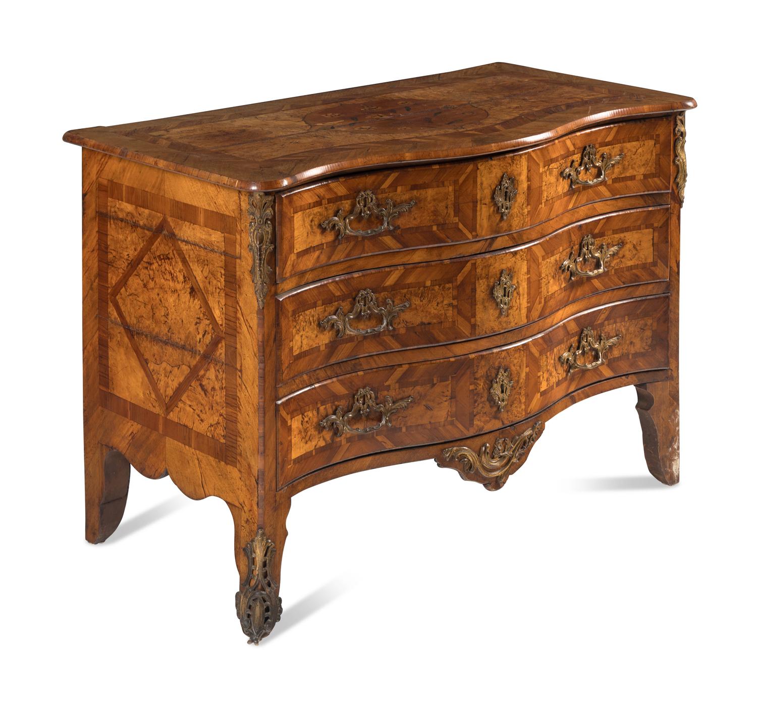 A Continental Gilt Bronze Mounted Burlwood Serpentine Commode